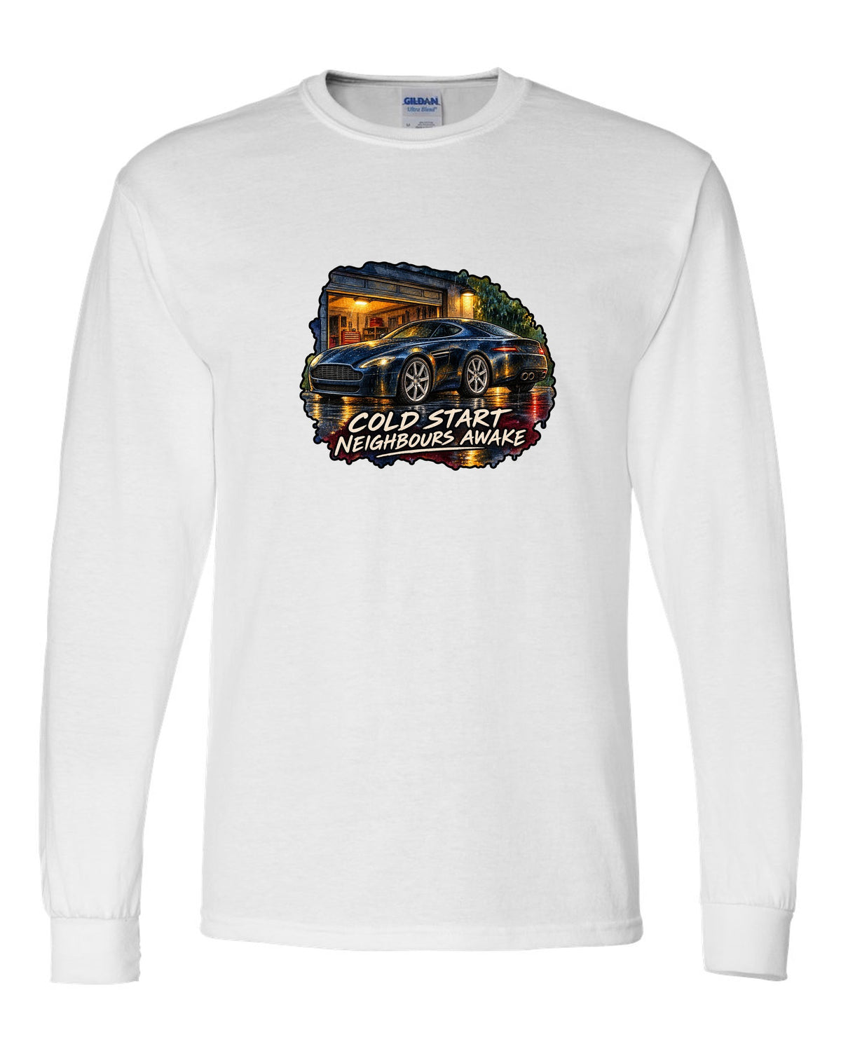 Aston Martin V8 Vantage watercolour wet-road night with COLD START NEIGHBOURS AWAKE white long sleeve front view with the design
