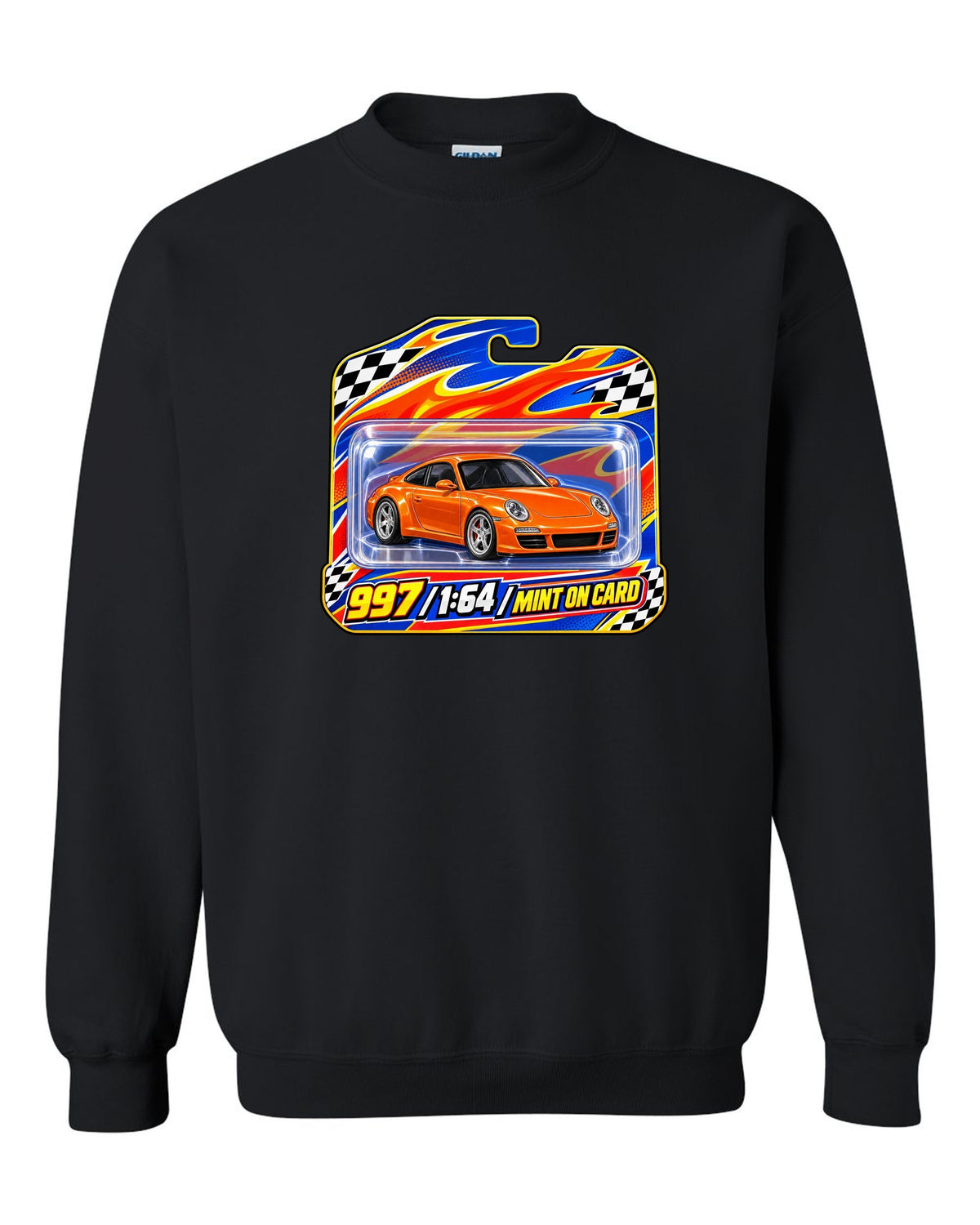 Sticker-bomb collage print of a Porsche 911 996 Carrera with the text 996 IMS never heard of it black crewneck front view with the design