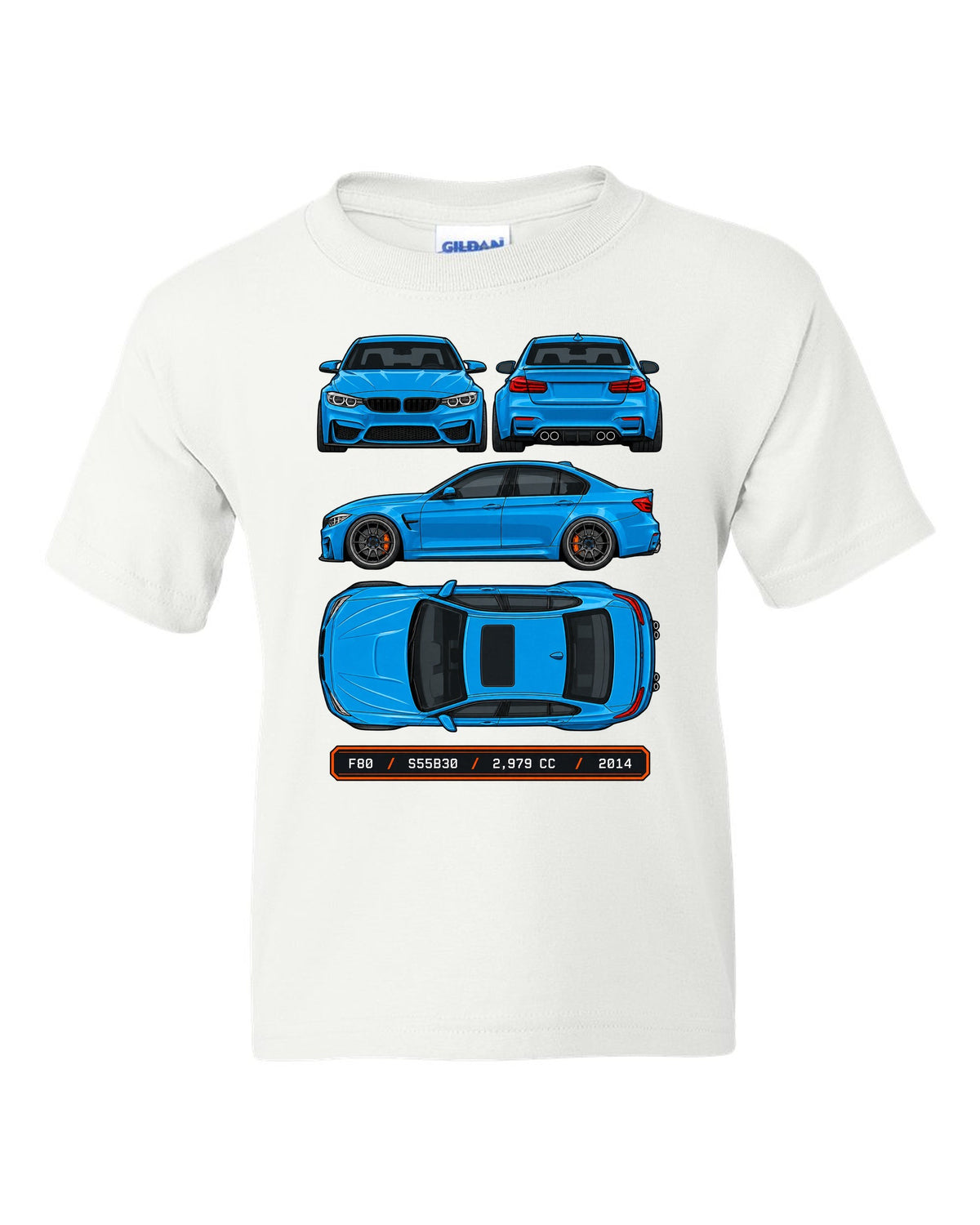 Spec plate style print of a BMW F80 M3 sedan with F80 S55B30 2,979 cc 2014 text white kids tee front view with the design