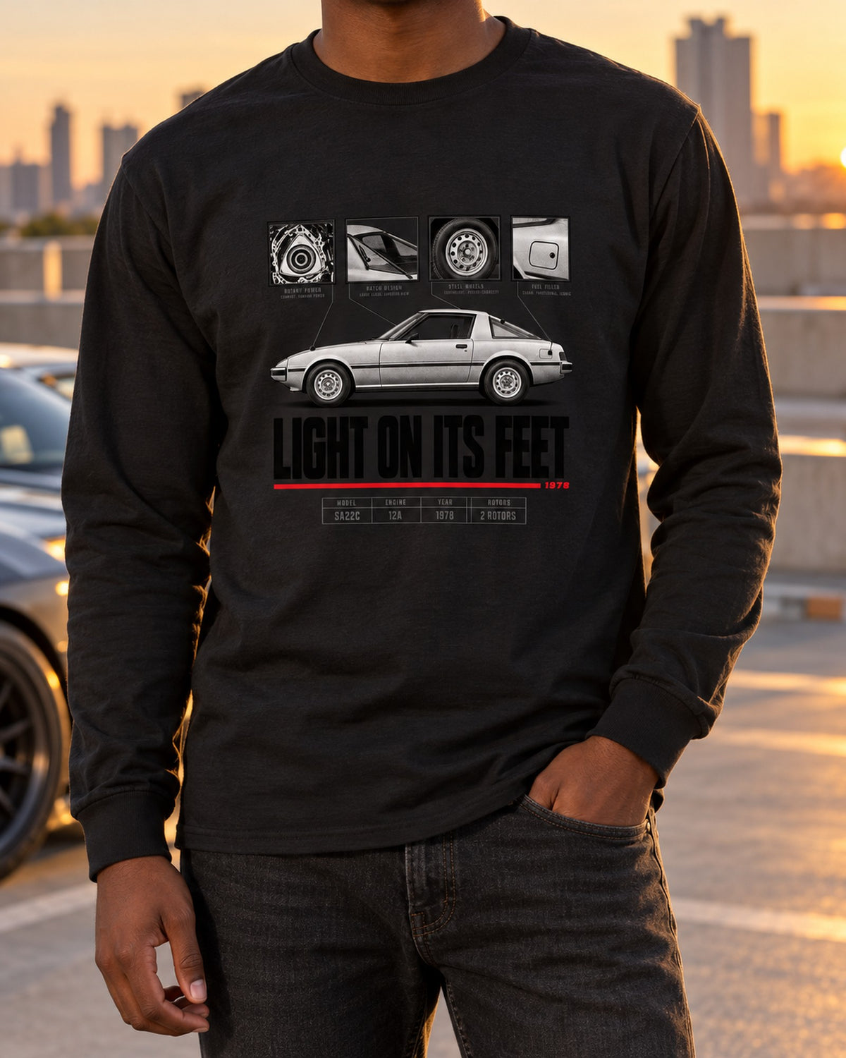 Mazda RX-7 SA22C Savanna Spec Poster Tee, Two Rotor Shirt Long Sleeve Black worn hero