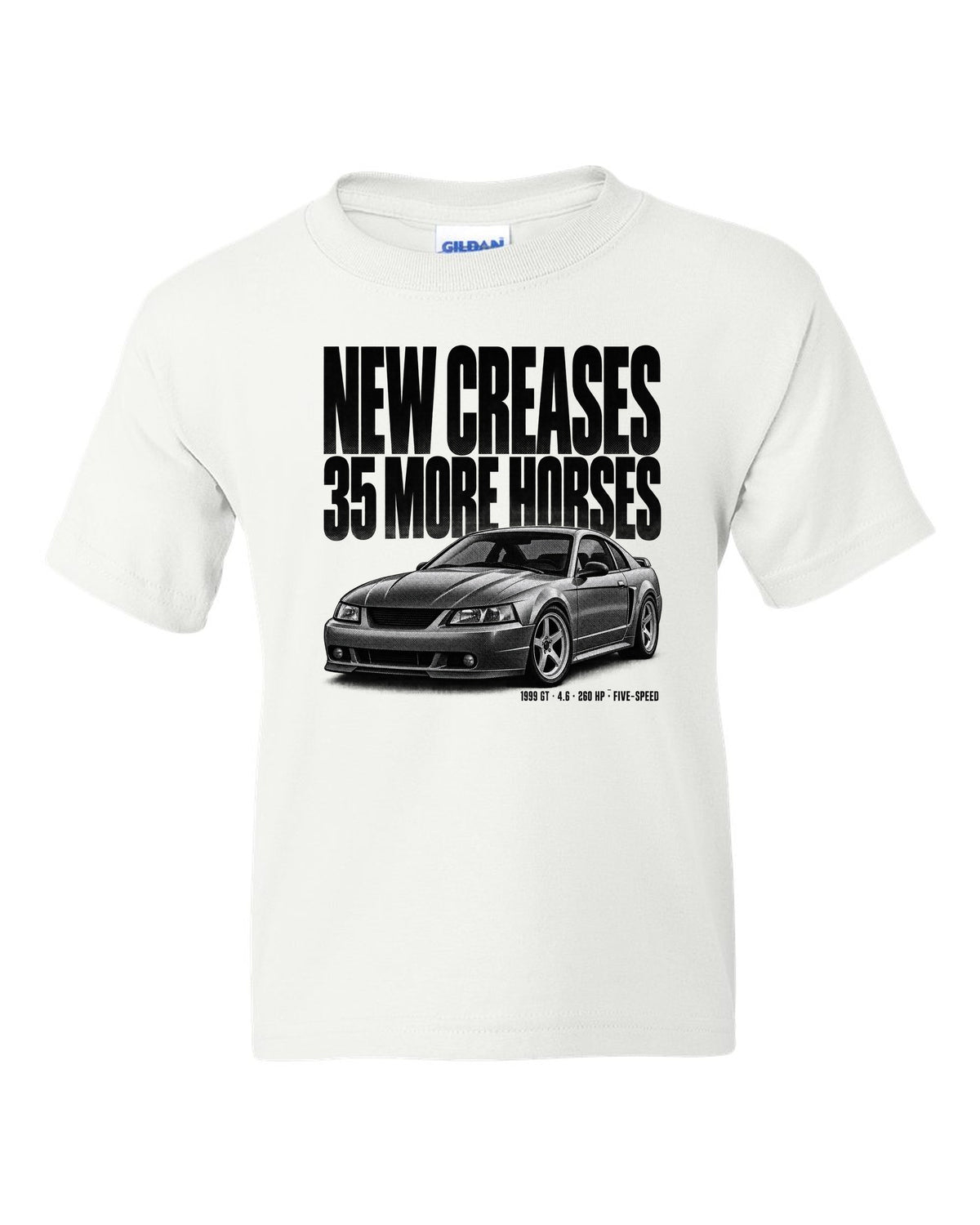 Halftone print of a 1999 Ford Mustang New Edge GT coupe white kids tee front view with the design
