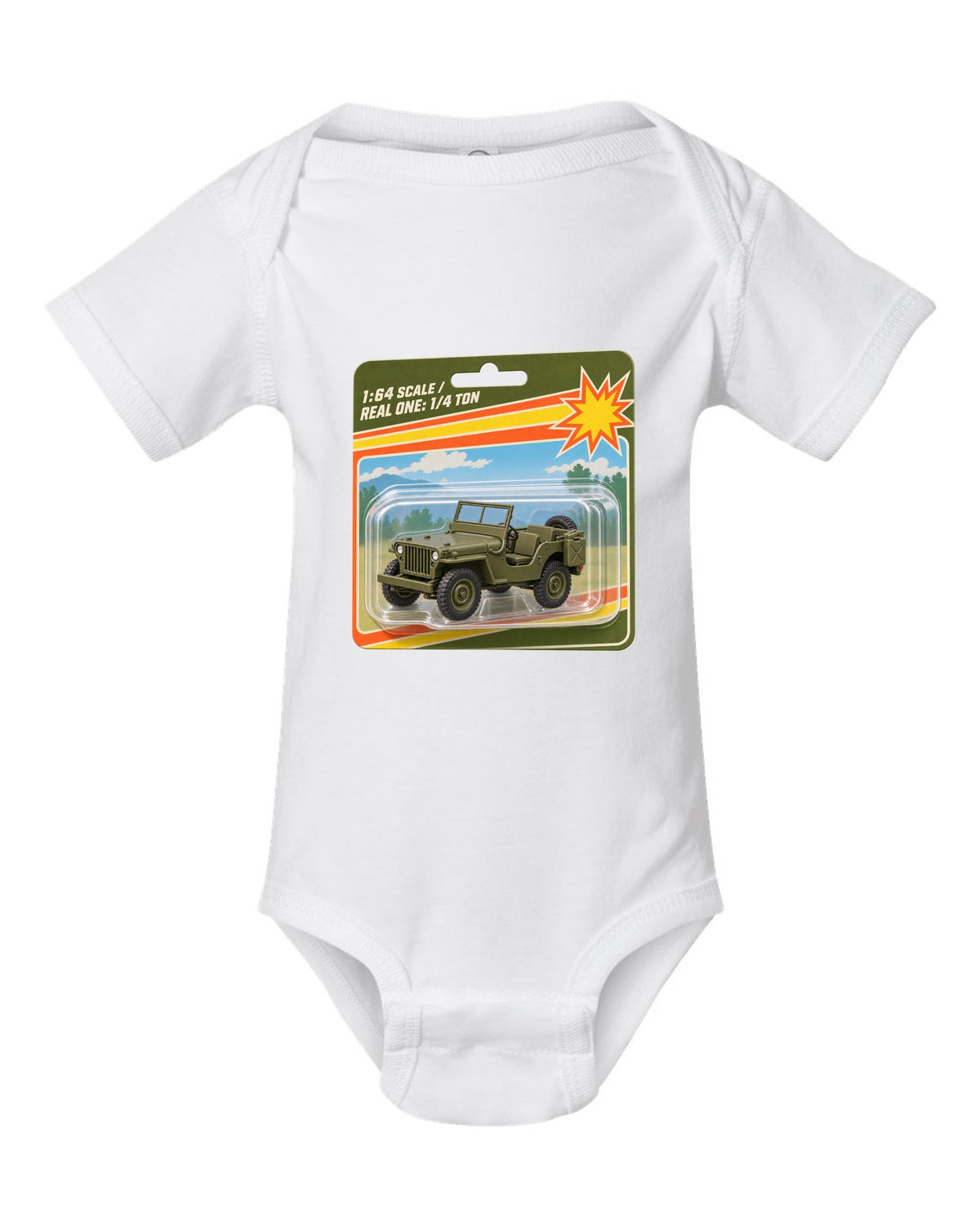 Toy blister card style print of a Willys MB with 1:64 scale text white baby onesie front view with the design