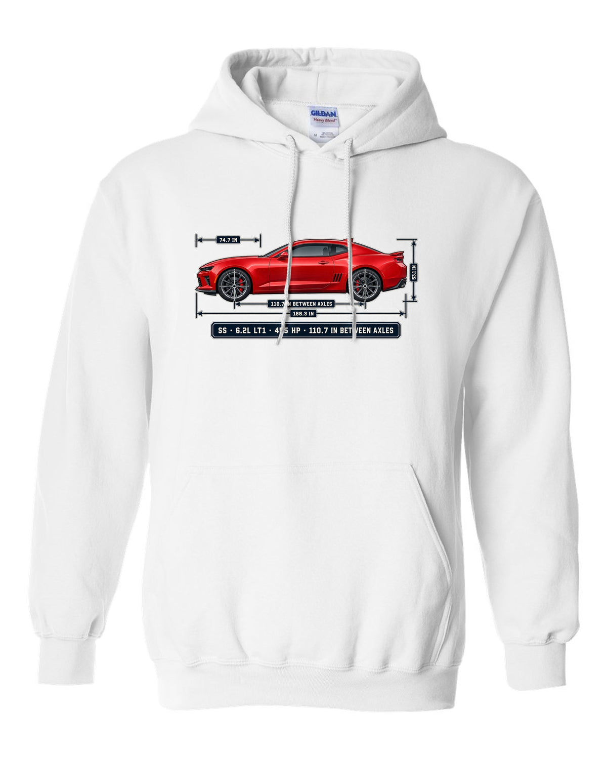 Dimension blueprint print of a 6th generation Chevrolet Camaro SS coupe white pull over hoodie front view with the design