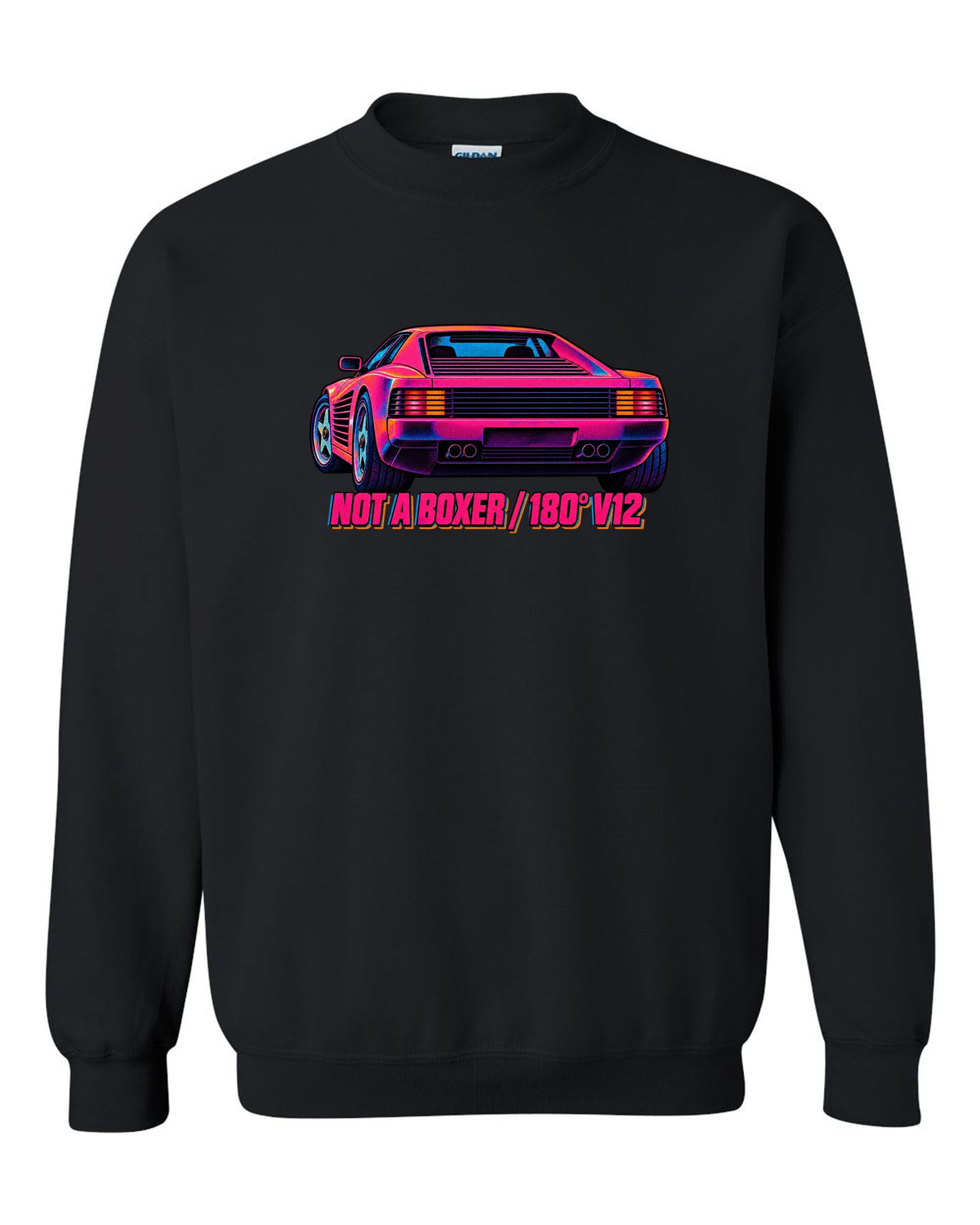 Neon-lit risograph print of the Ferrari Testarossa F110 with the text not a boxer, 180 degree V12 black crewneck front view with the design