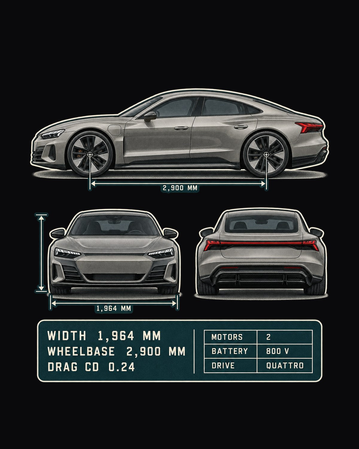 Audi RS e-tron GT Three-View Spec Table Tee, Cd 0.24 Car Shirt design only