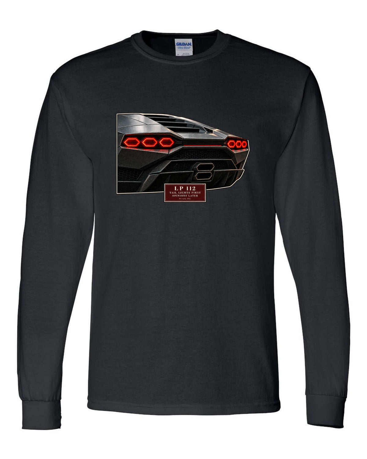 Lamborghini Countach LPI 800-4 taillight macro print with LP 112 lettering black long sleeve front view with the design