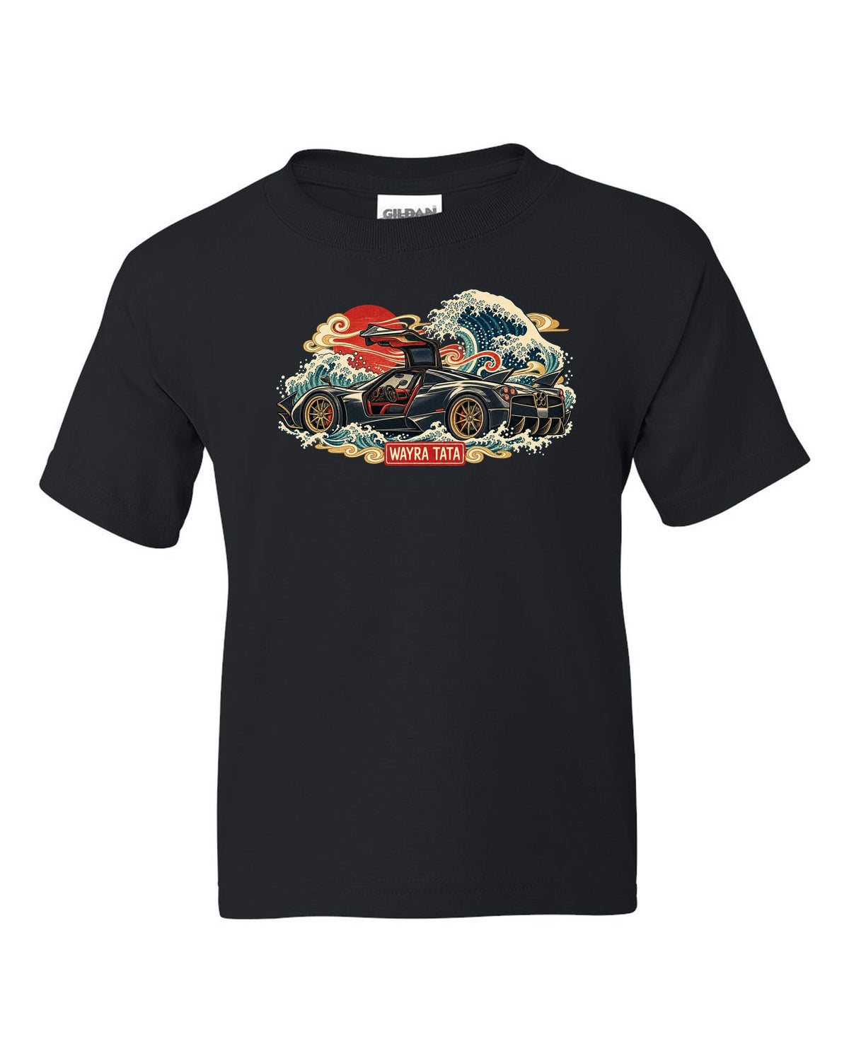 Ukiyo-e woodblock style print of a Pagani Huayra with Wayra Tata lettering black kids tee front view with the design