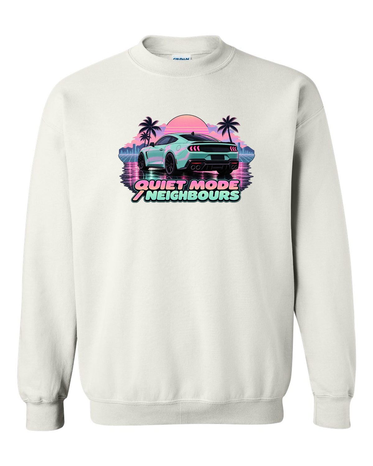 Vaporwave pastel print of a 2024 S650 Mustang coupe on wet asphalt with Quiet Mode text white crewneck front view with the design