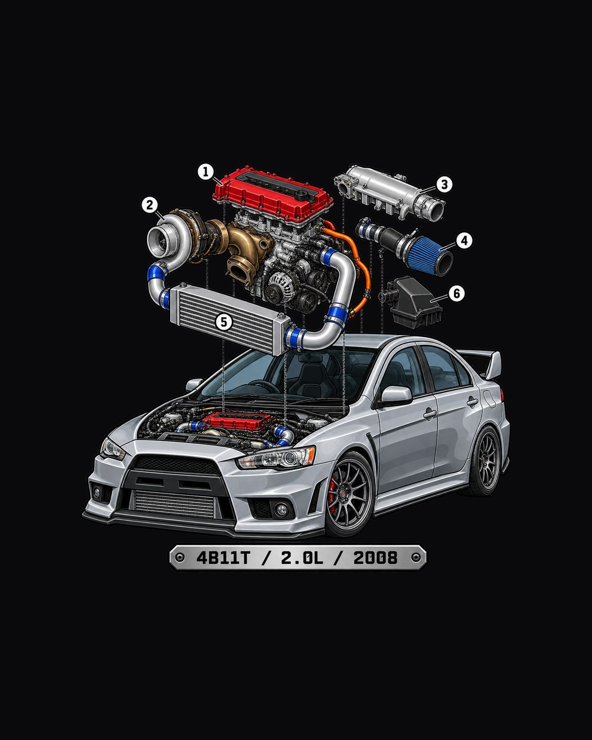 Evo X CZ4A Exploded Turbo Bay Shirt, 4B11T Engine Diagram Tee design only