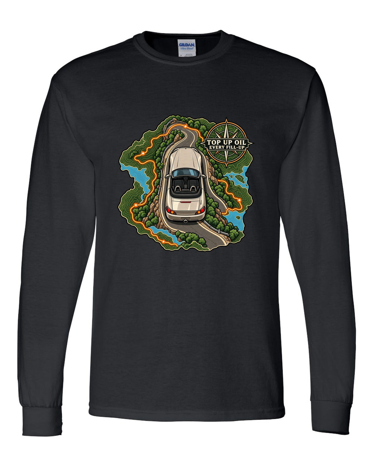 Topographic route map print of a 1999 Honda S2000 AP1 roadster with top up oil text black long sleeve front view with the design