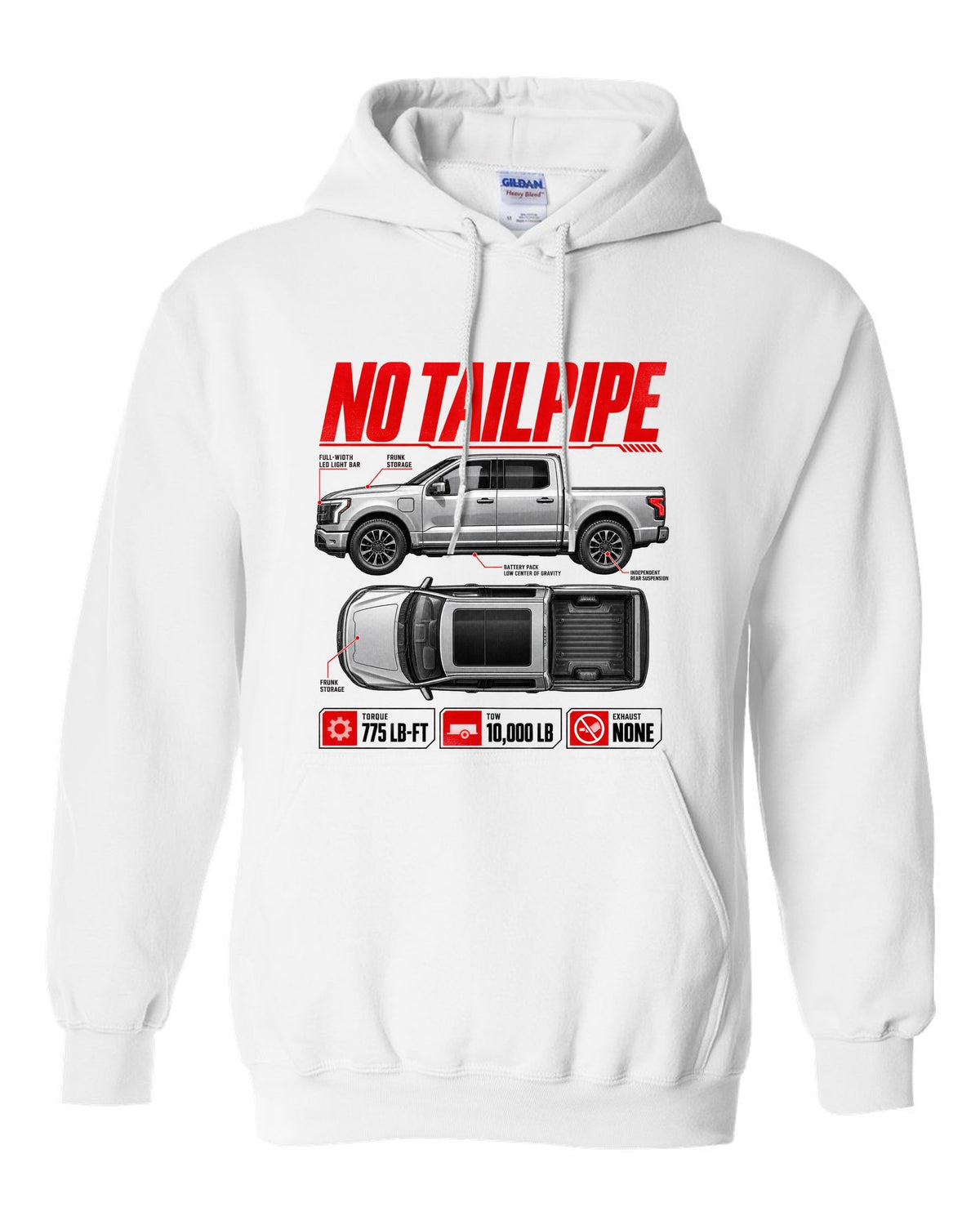 Ford F-150 Lightning 2022 top-down and profile spec sheet poster white pull over hoodie front view with the design