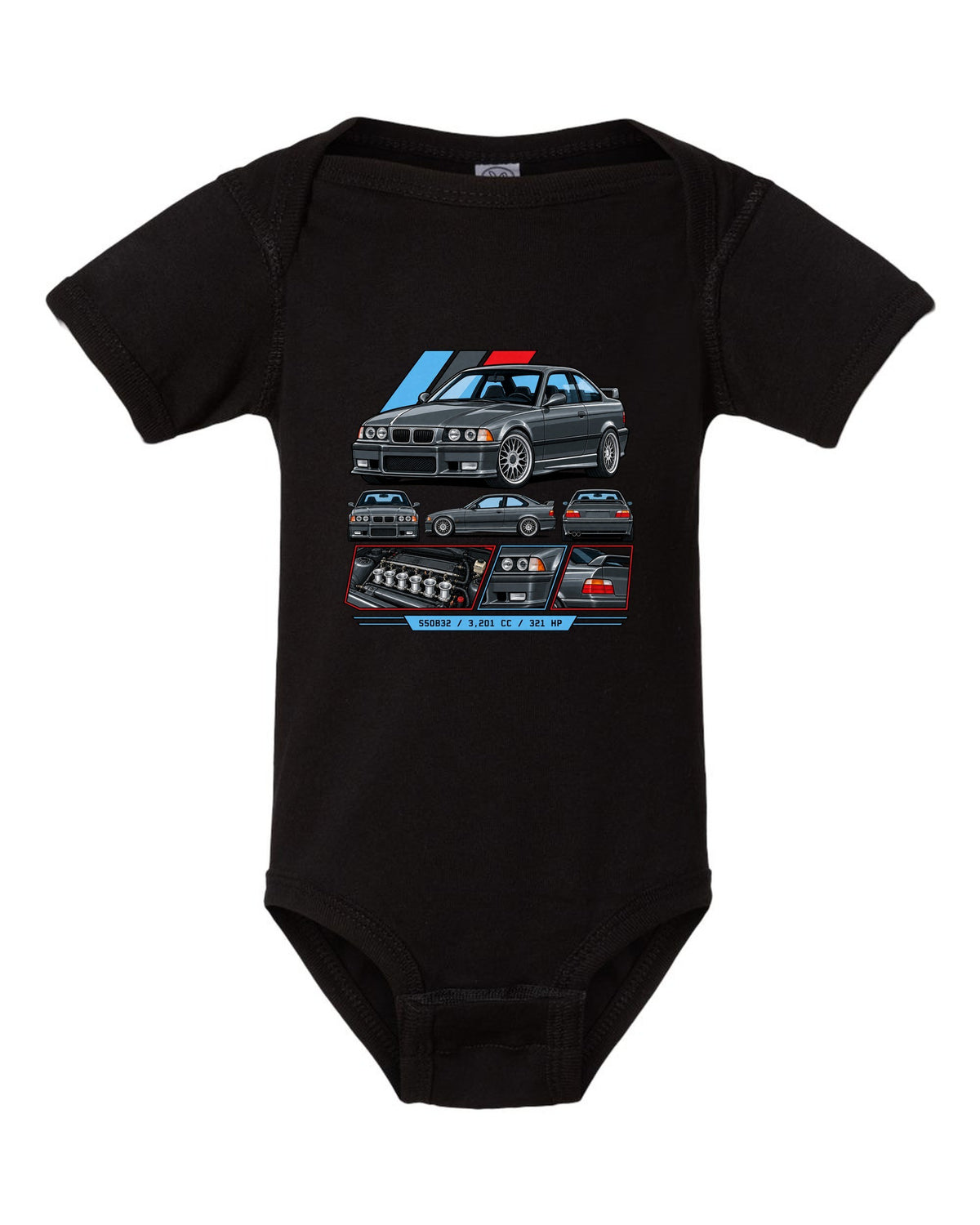 Cel-shaded anime night touge print of a BMW E36 M3 with slide now fix the diff later text black baby onesie front view with the design