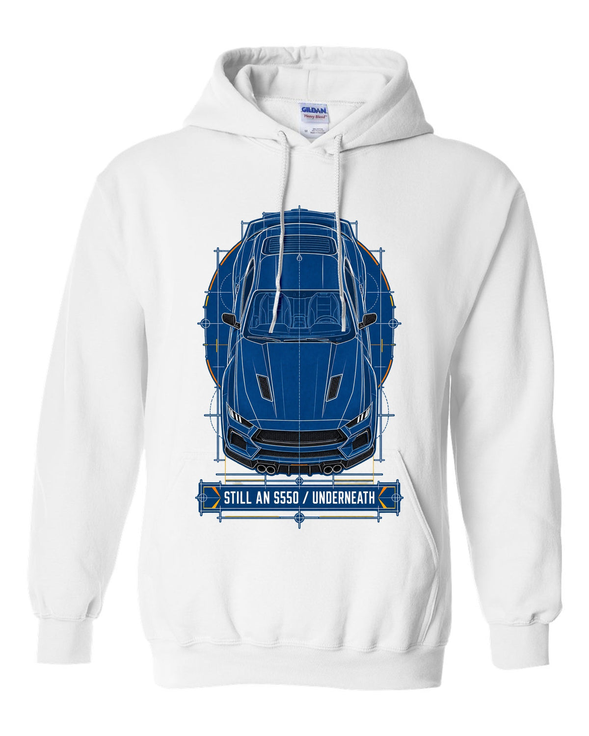 Cyanotype negative blueprint top view print of a 2024 S650 Mustang with Still An S550 Underneath white pull over hoodie front view with the design