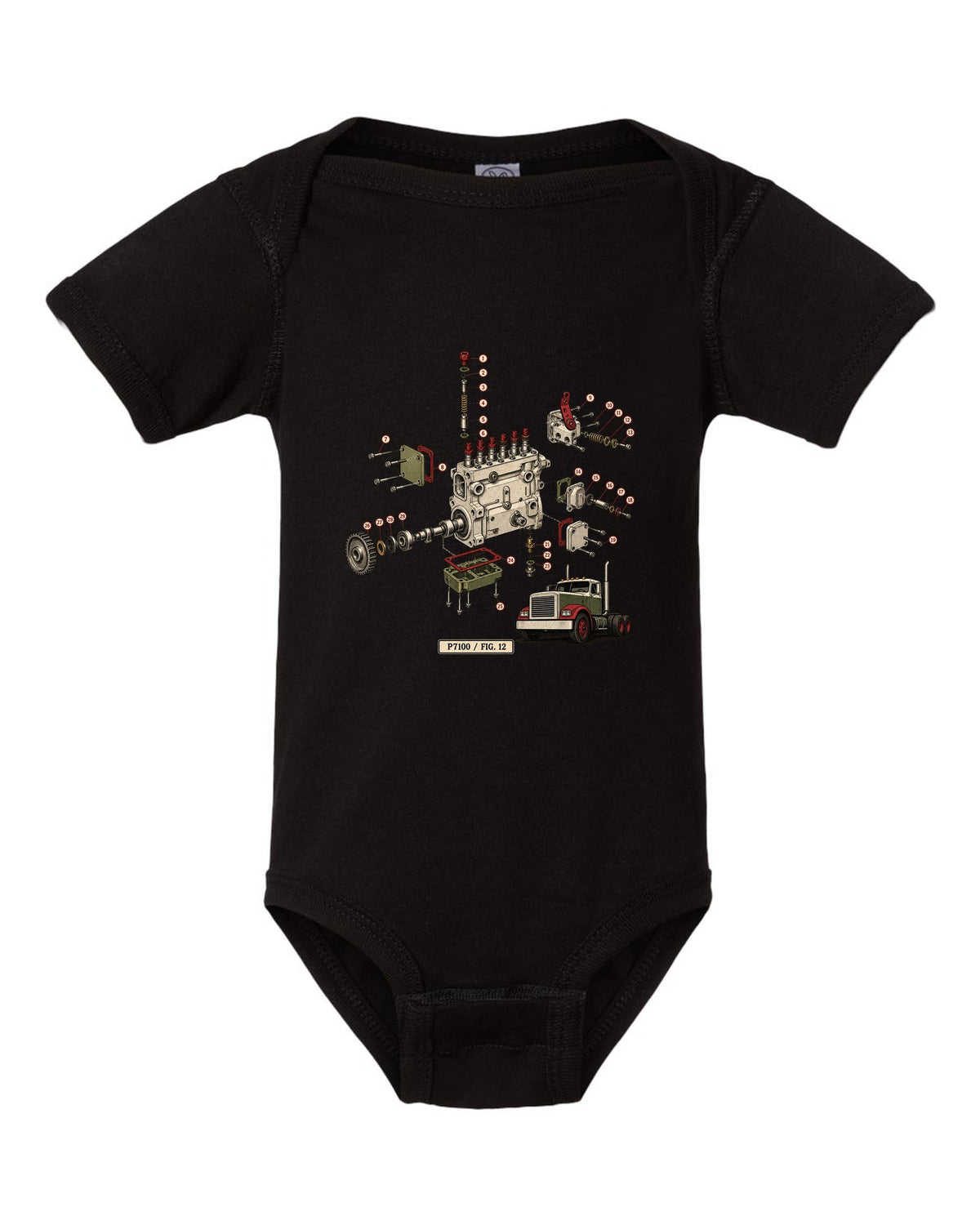 Vintage service-manual exploded diagram print of a Bosch P7100 injection pump from a 1994-1998 Ram 12V black baby onesie front view with the design