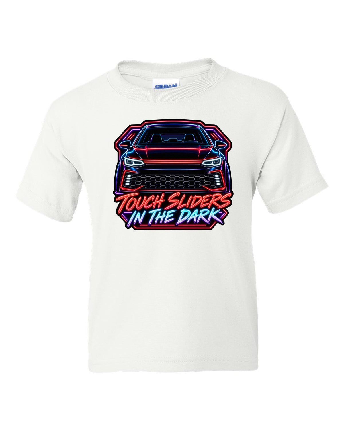 Neon sign line art of a VW Golf Mk8 GTI with touch sliders in the dark text white kids tee front view with the design