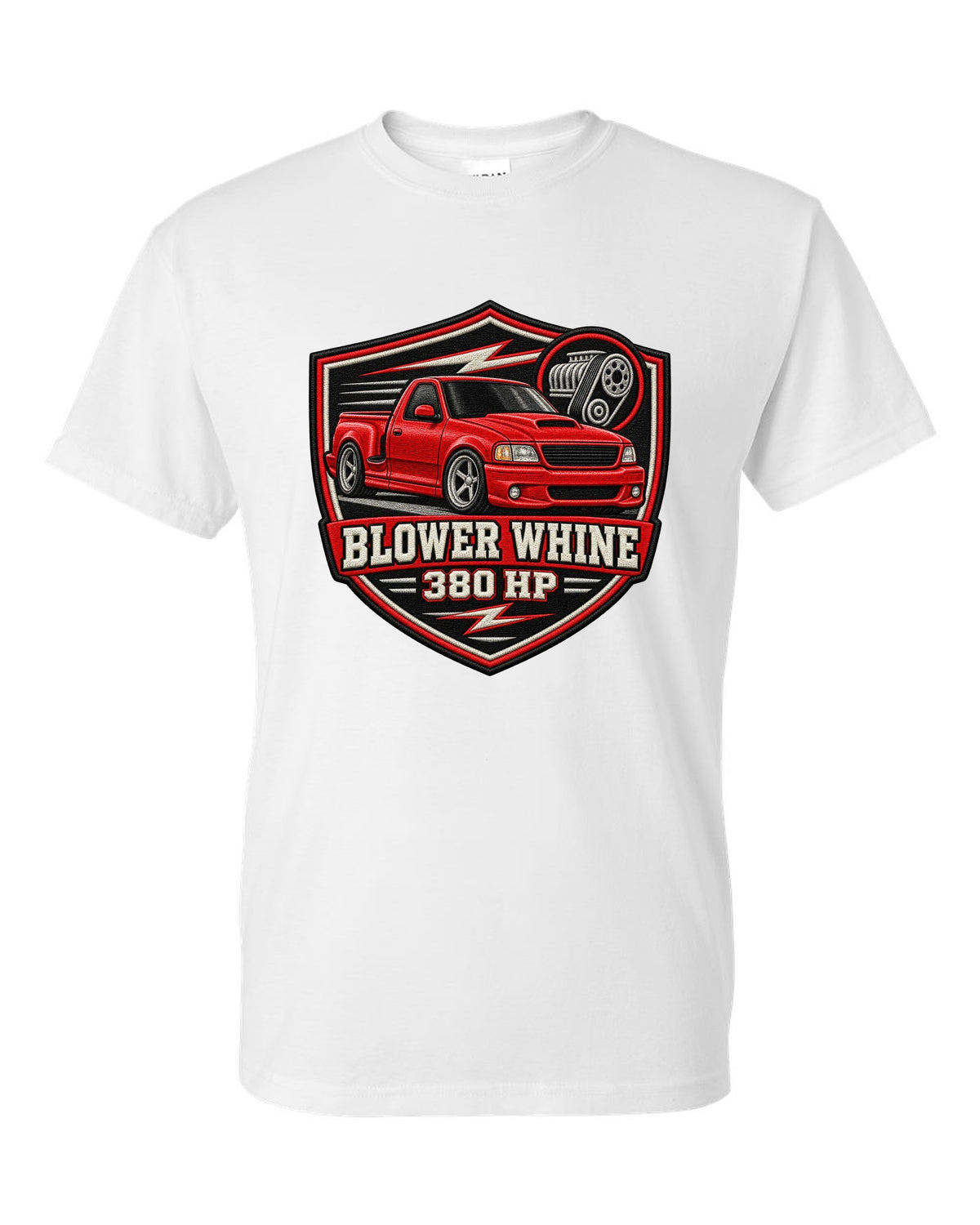 Ford F-150 SVT Lightning 1999-2004 in an embroidered varsity crest print white t-shirt front view with the design