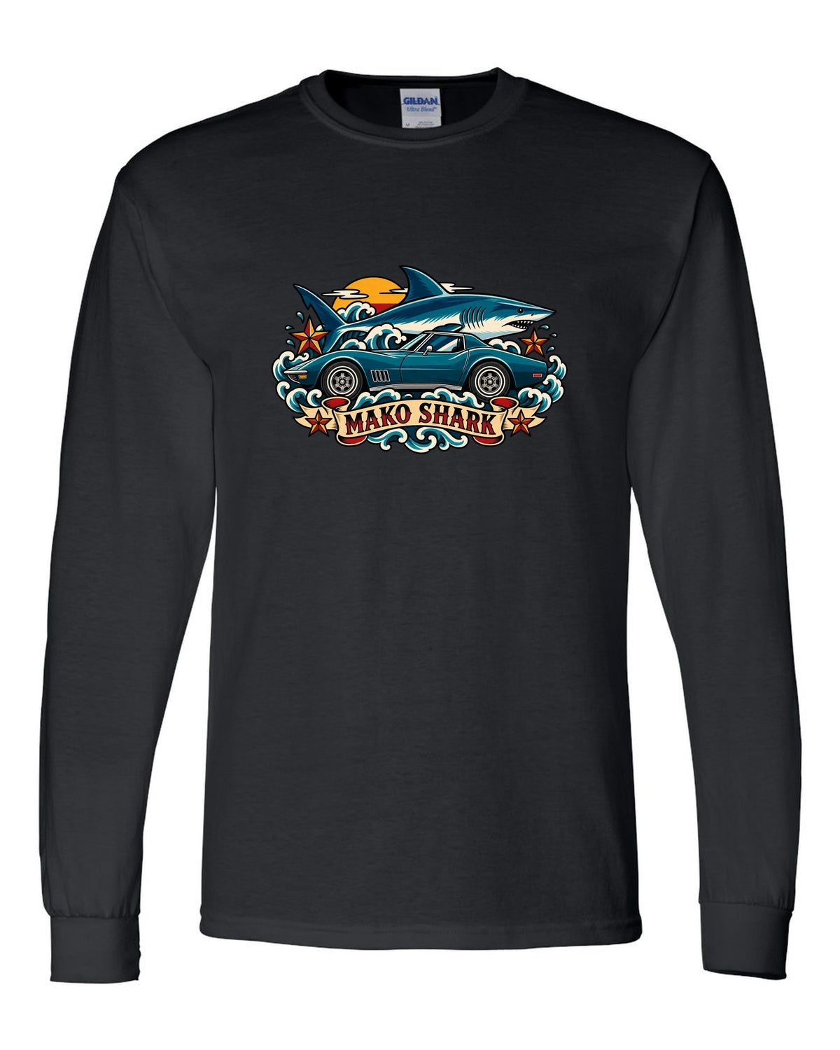 Retro tattoo flash print of a 1968 Chevrolet Corvette C3 Stingray with Mako Shark lettering black long sleeve front view with the design