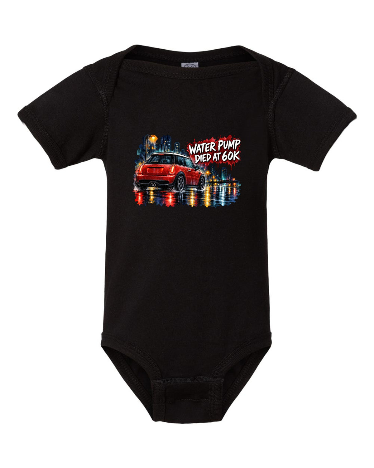 Watercolour night scene of a Mini Cooper S R56 on a wet road black baby onesie front view with the design