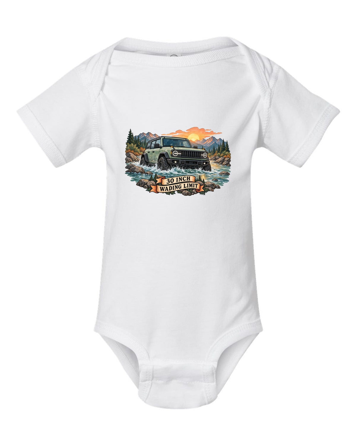 Jeep Wrangler JLU watercolour river crossing at sunrise with 30 inch wading limit text white baby onesie front view with the design
