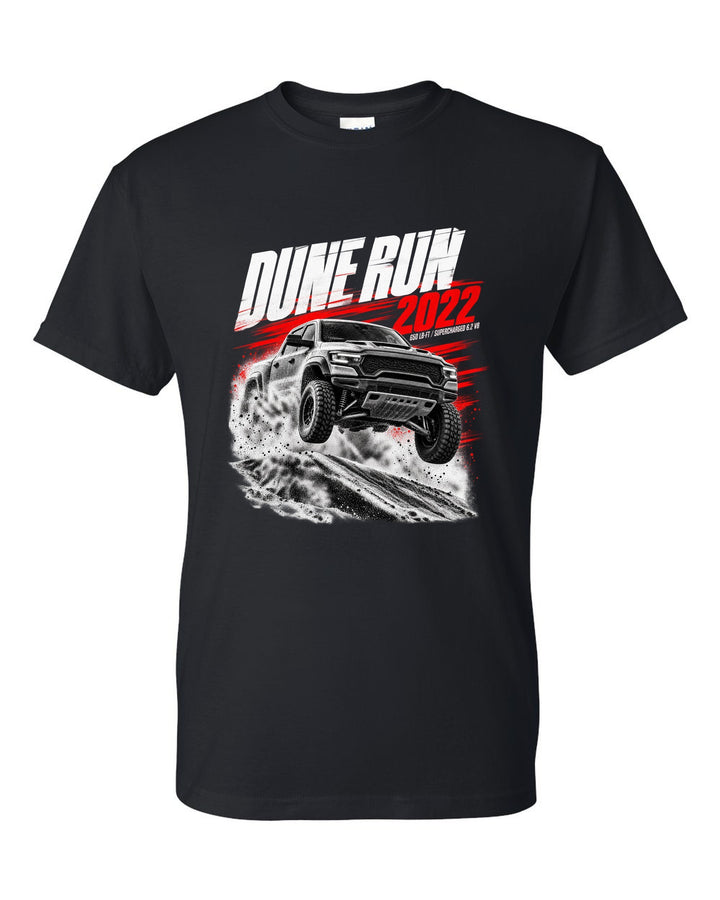 Race poster of a 2022 Ram 1500 TRX jumping a dune with the text Dune Run 2022, 650 lb-ft black t-shirt front view with the design