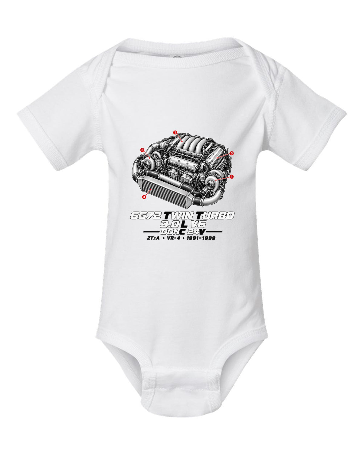 Mitsubishi 3000GT VR-4 Z16A engine bay with 6G72 twin turbo V6 specs white baby onesie front view with the design