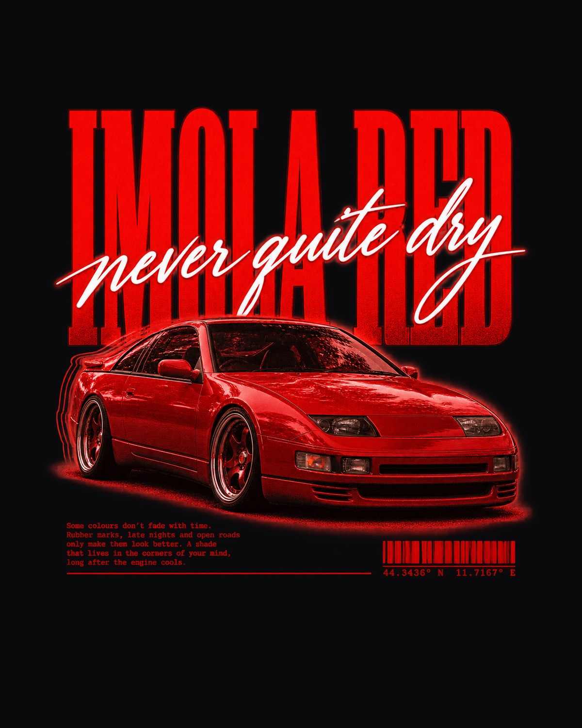 BMW E36 M3 Imola Red Street Poster Tee, Never Quite Dry design only