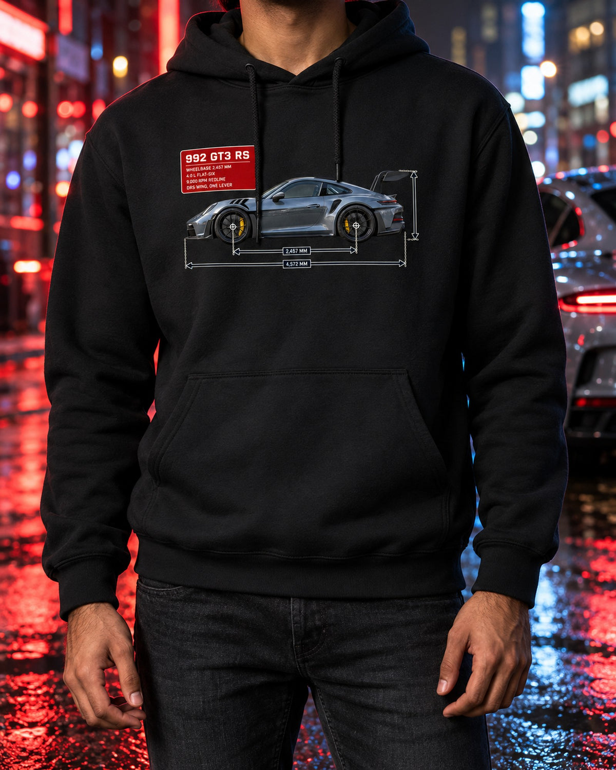 Porsche 992 GT3 RS Dimension Blueprint Shirt, Car Guy Gift Pull Over Hoodie Black worn hero