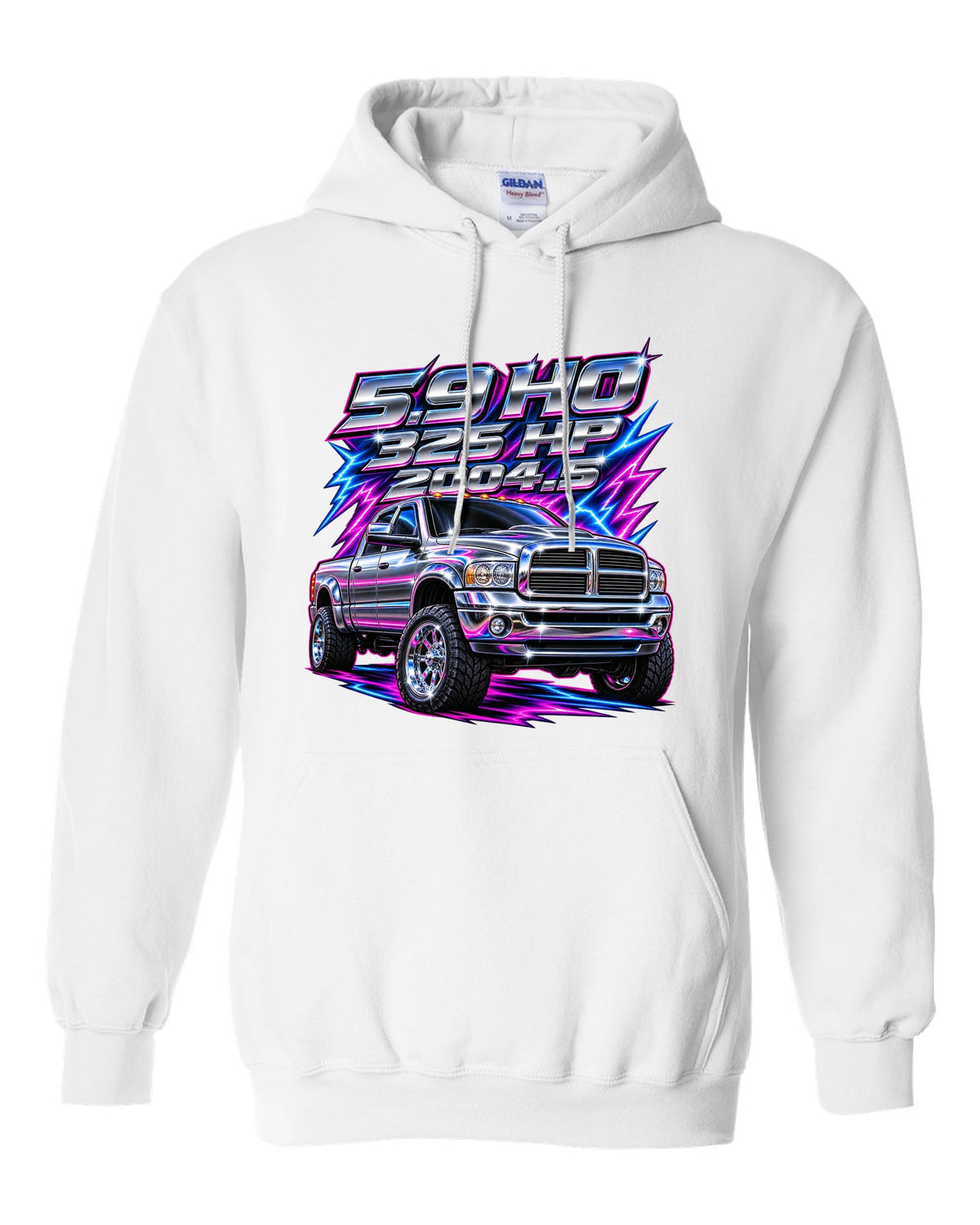 80s chrome airbrush print of a 2003-2009 Dodge Ram 2500 Cummins with 5.9 HO 325 HP 2004.5 text white pull over hoodie front view with the design