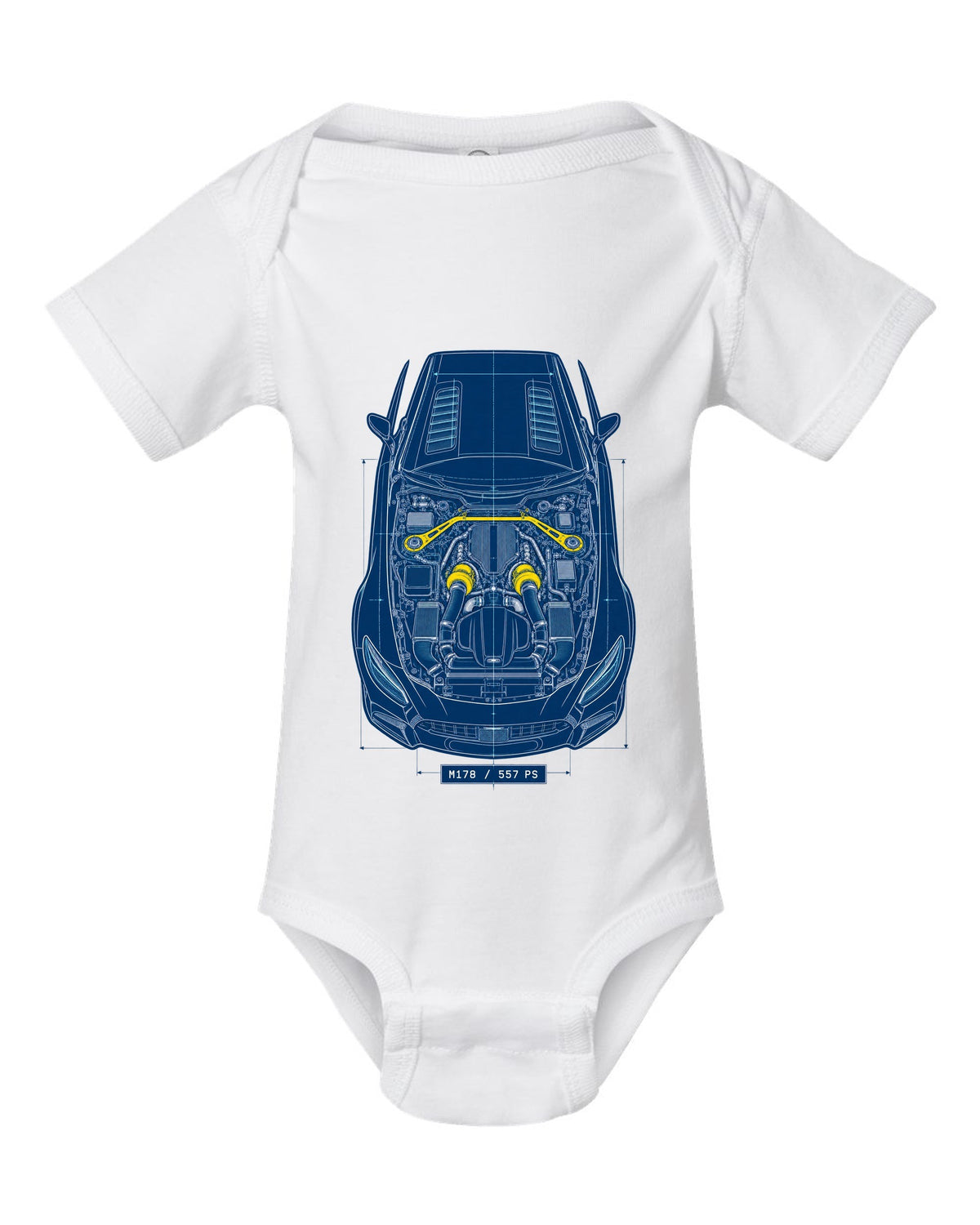 Neon synthwave illustration of Mercedes AMG GT R C190 tail lights with M178 4.0 Biturbo text white baby onesie front view with the design