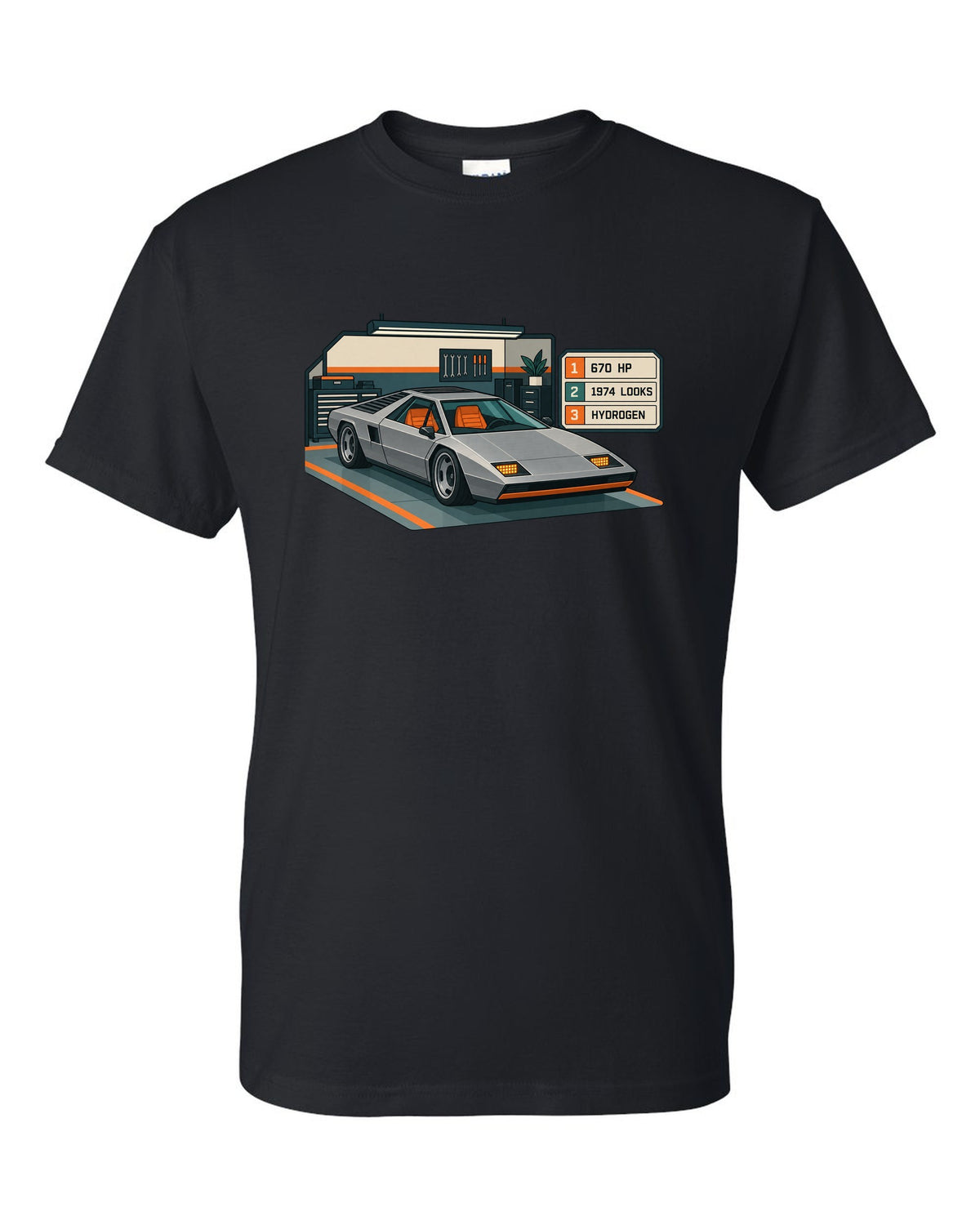 Hyundai N Vision 74 concept spec-sheet data plate print with 670 HP and hydrogen text black t-shirt front view with the design