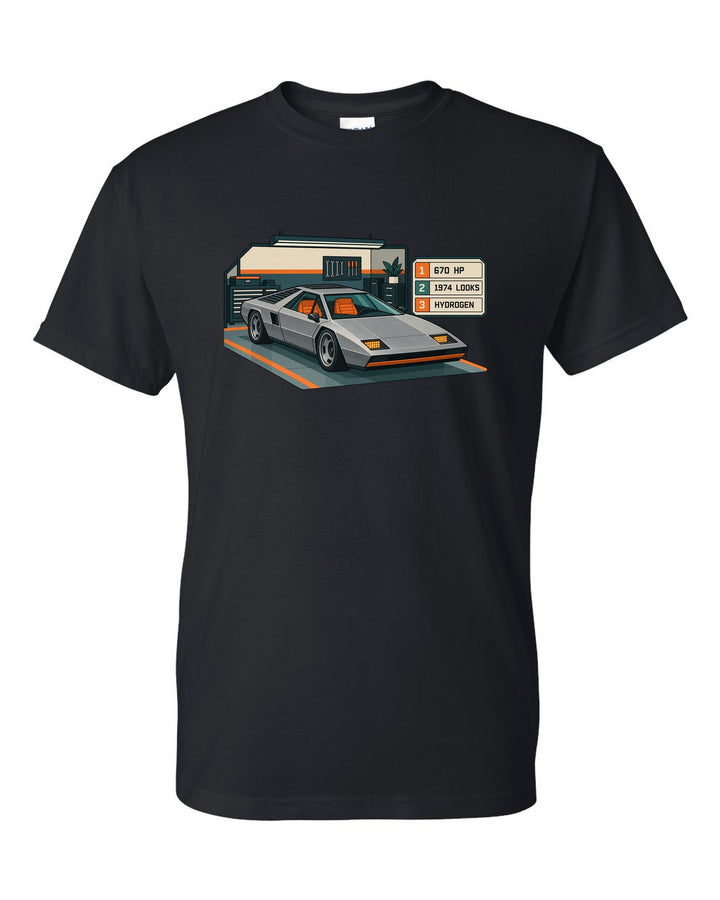 Hyundai N Vision 74 concept spec-sheet data plate print with 670 HP and hydrogen text black t-shirt front view with the design