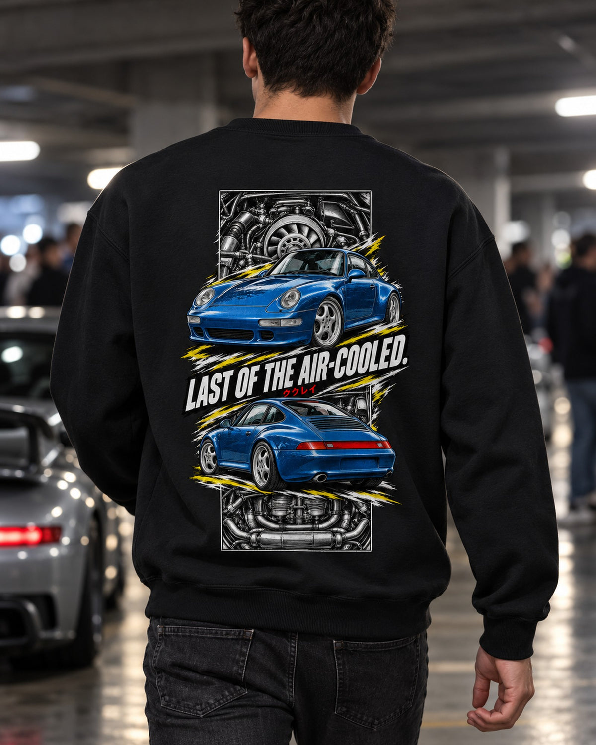 Porsche 911 993 Torn Poster Full-Back Graphic Tee Crewneck Black worn hero