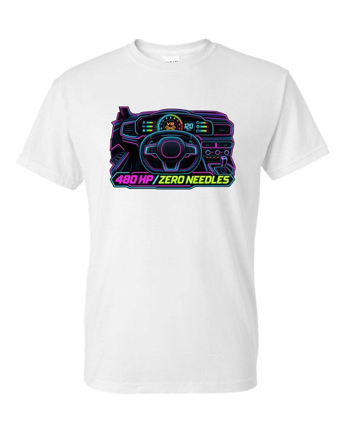 Neon gauge-cluster HUD print of a Ford Mustang S650 GT 2024 with 480 HP text white t-shirt front view with the design