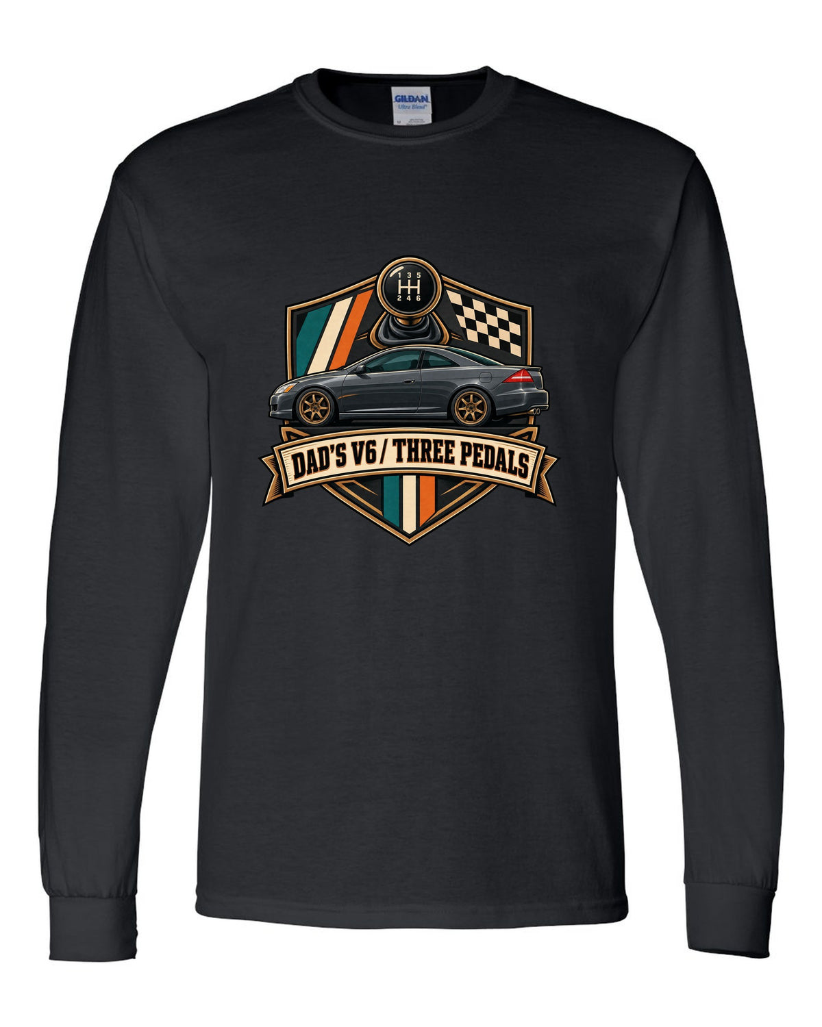 Crest layout print for the Honda Accord V6 Coupe with three pedals text black long sleeve front view with the design