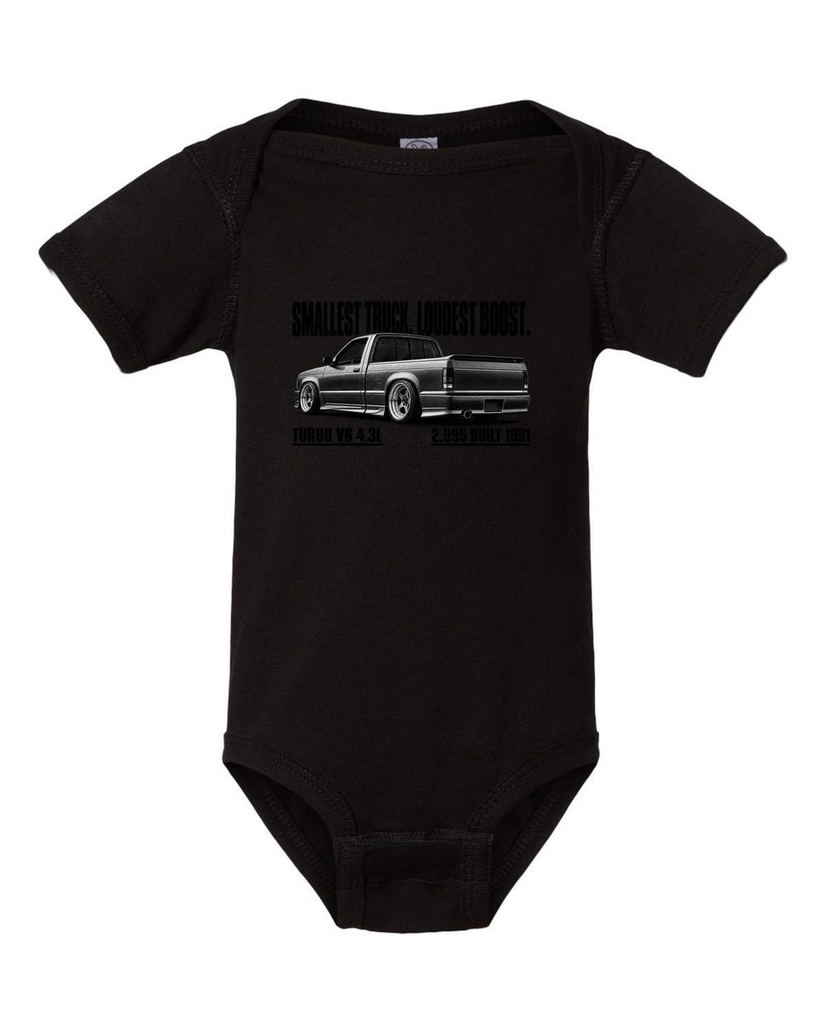 1991 GMC Syclone halftone profile with boost headline, print black baby onesie front view with the design