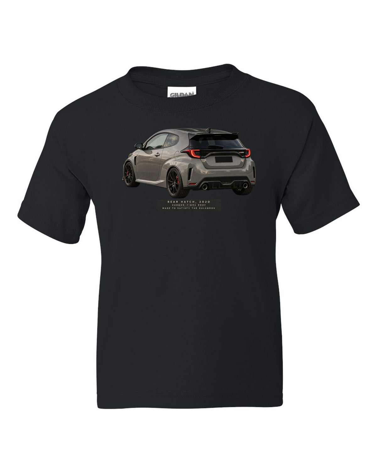 Close-up of a Toyota GR Yaris 2020 rear tailgate and taillight black kids tee front view with the design