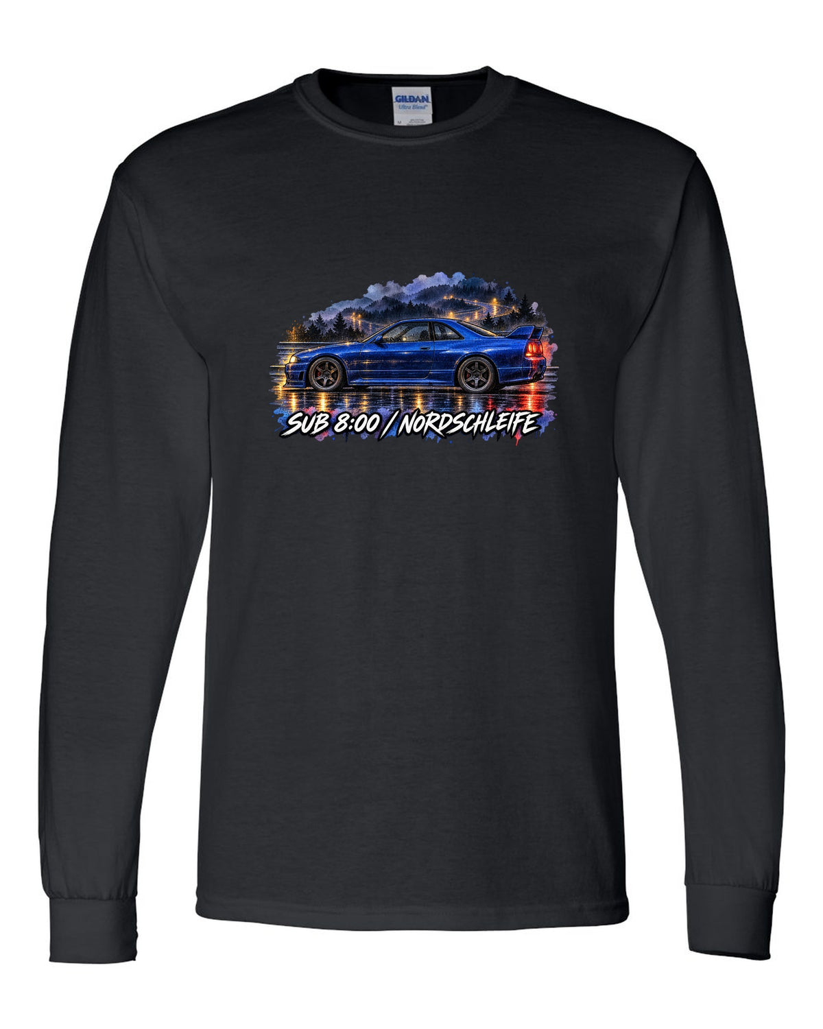 Watercolour wet-road night print of a Champion Blue Nissan Skyline GT-R R33 BCNR33 black long sleeve front view with the design