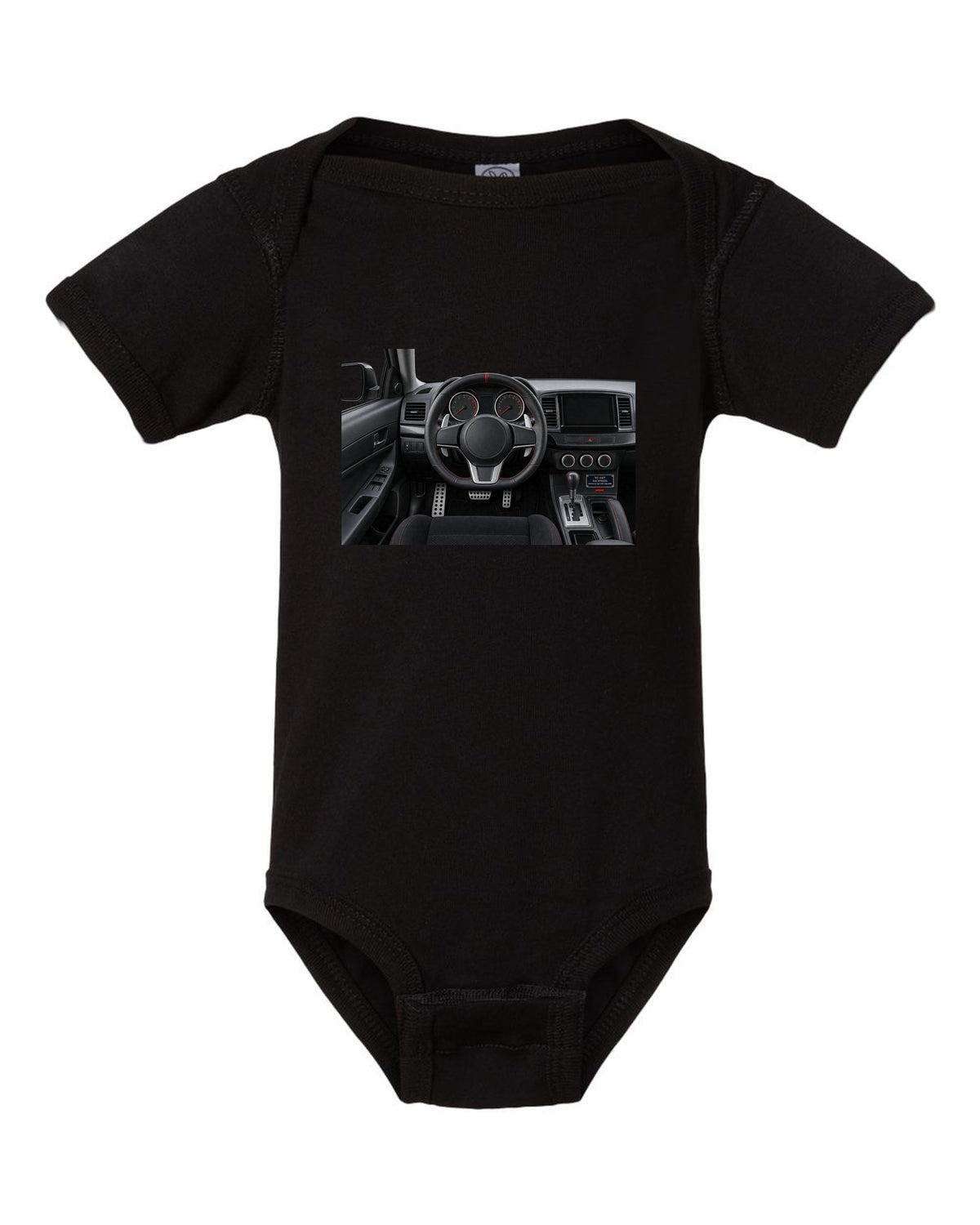Mitsubishi Lancer Evolution X driver view cockpit and gauges print black baby onesie front view with the design