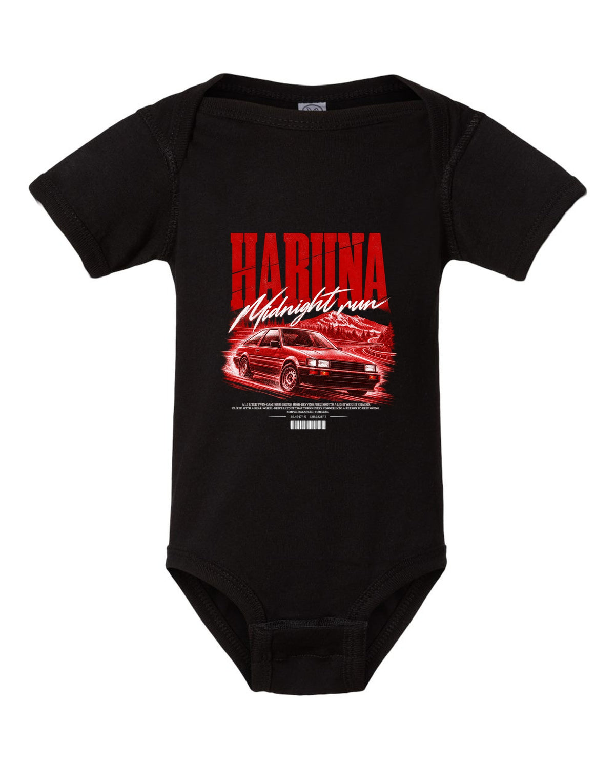 Street poster print of a Toyota Corolla Levin AE86 with the text Haruna Midnight Run black baby onesie front view with the design