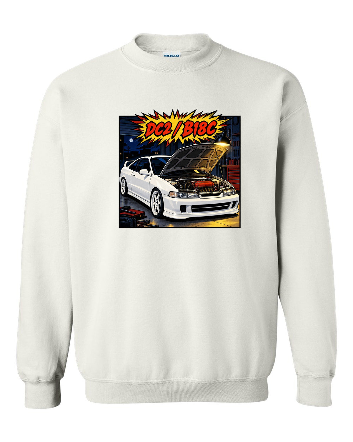 Comic book panel action burst print of a Honda Integra Type R DC2 with bonnet up and B18C text white crewneck front view with the design