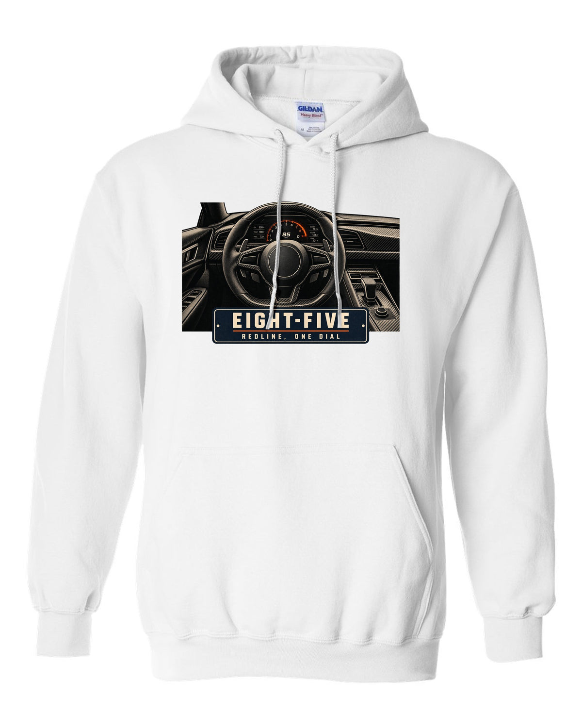 Cockpit and single dial of the Koenigsegg Jesko with carbon tub and flat dash, print white pull over hoodie front view with the design