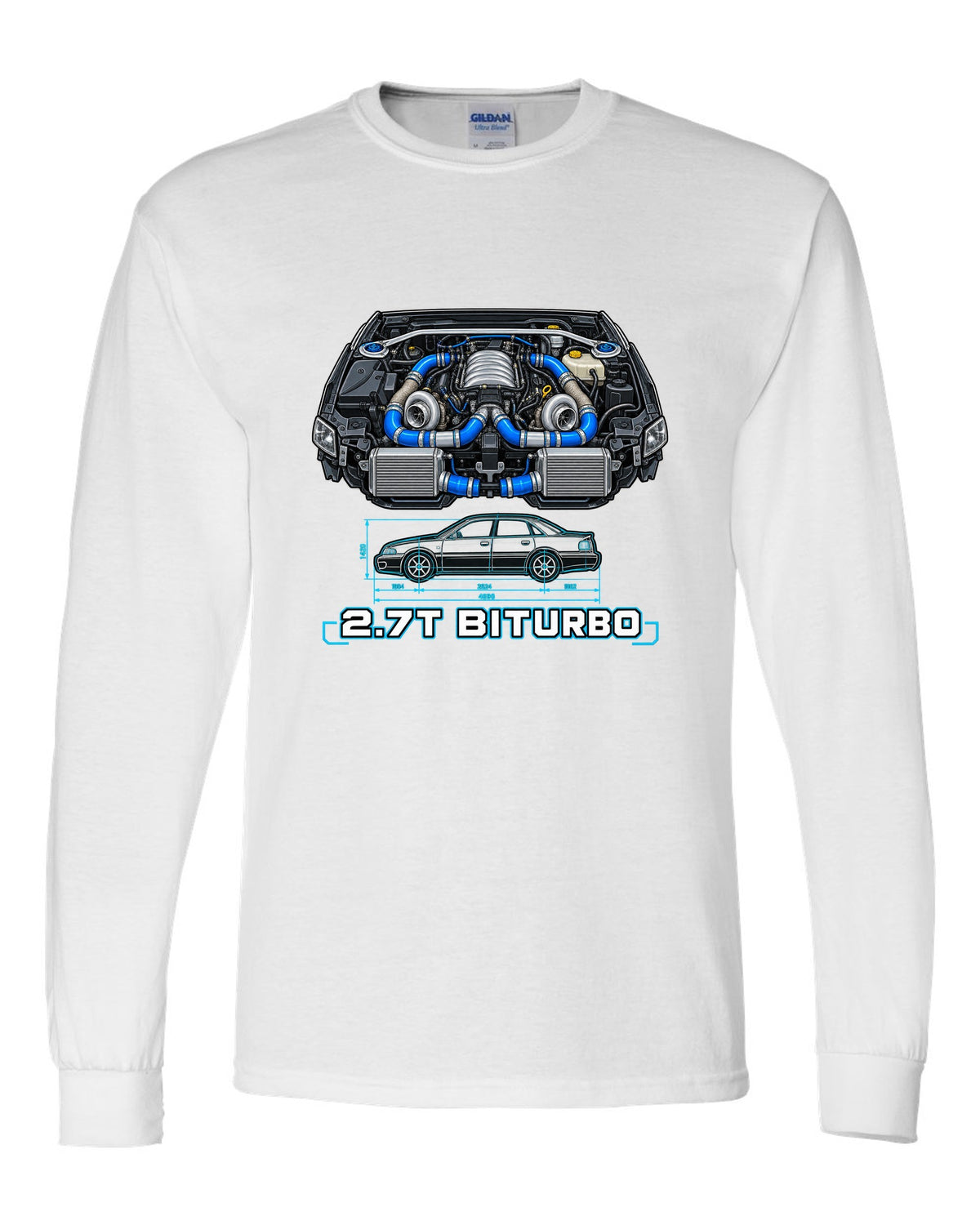 Technical blueprint print of an Audi S4 B5 with 2.7T Biturbo text white long sleeve front view with the design