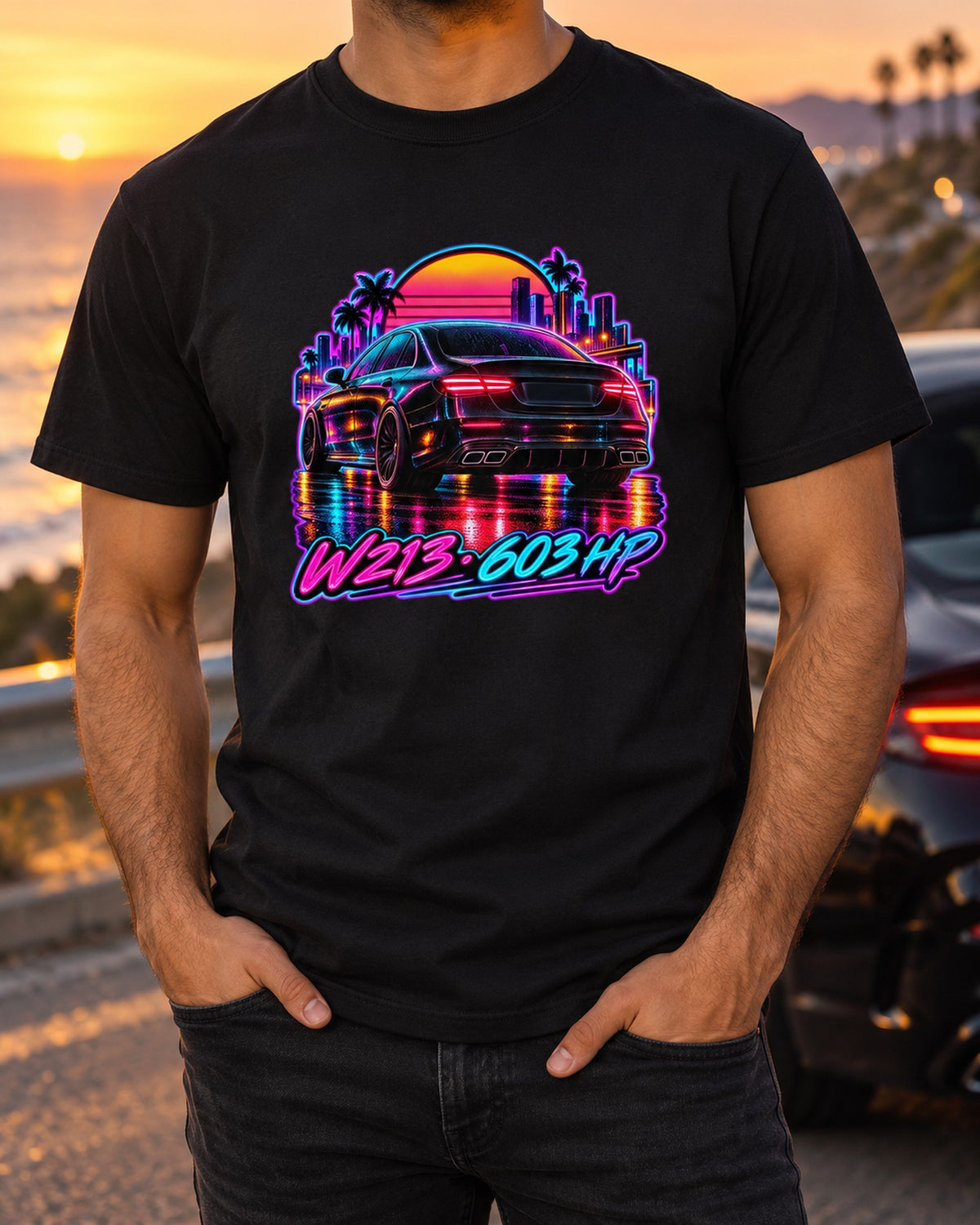 Mercedes E63 AMG W213 Synthwave Wet Road Shirt, 603 HP T-Shirt Black worn hero