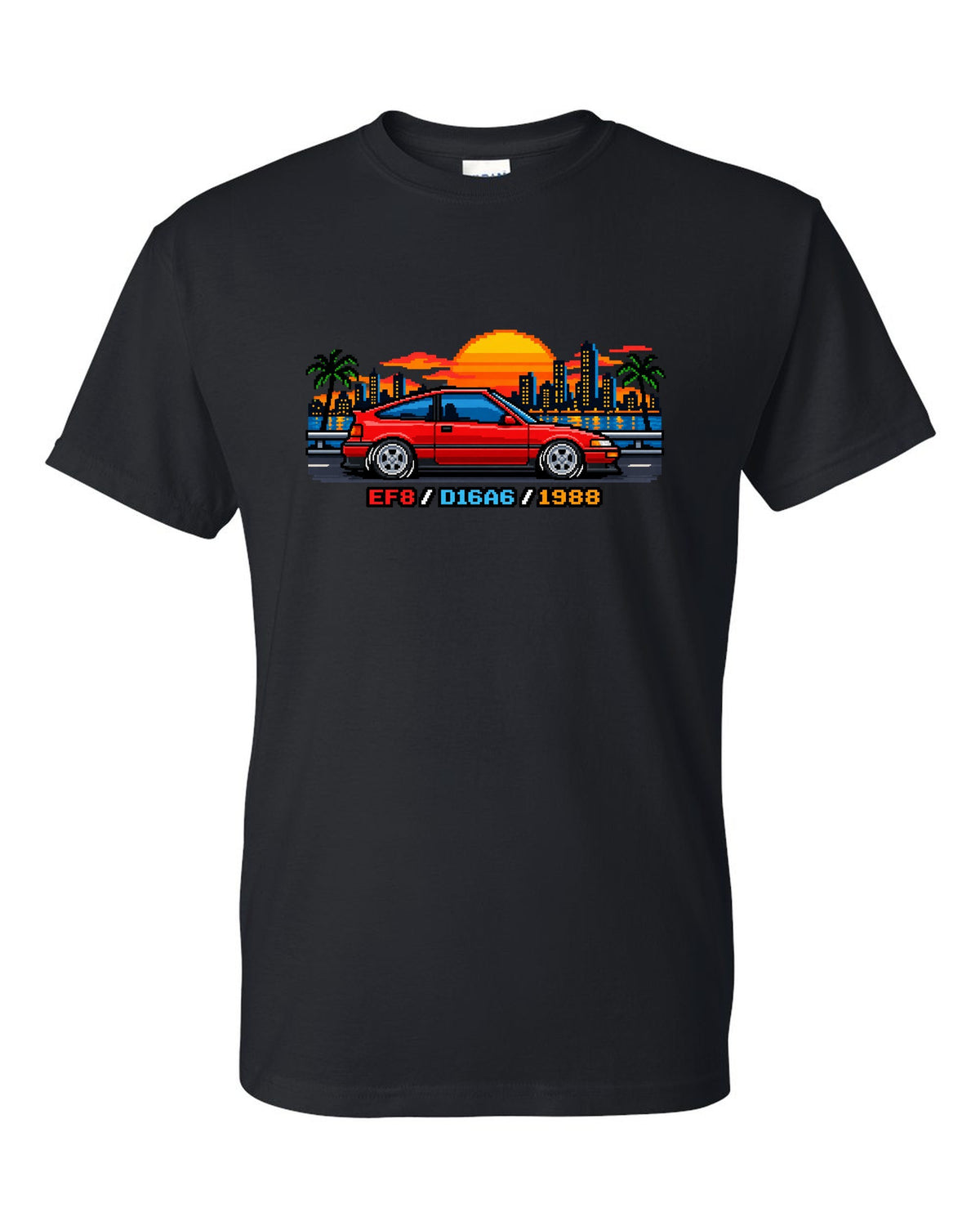 16-bit pixel art Honda CRX EF8 print with D16A6 and 1988 text black t-shirt front view with the design