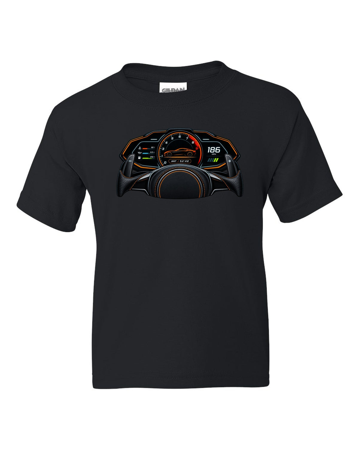 Gauge cluster and HUD style print for the 2018 Aston Martin DBS Superleggera with AM7 and 5.2 V12 readout black kids tee front view with the design