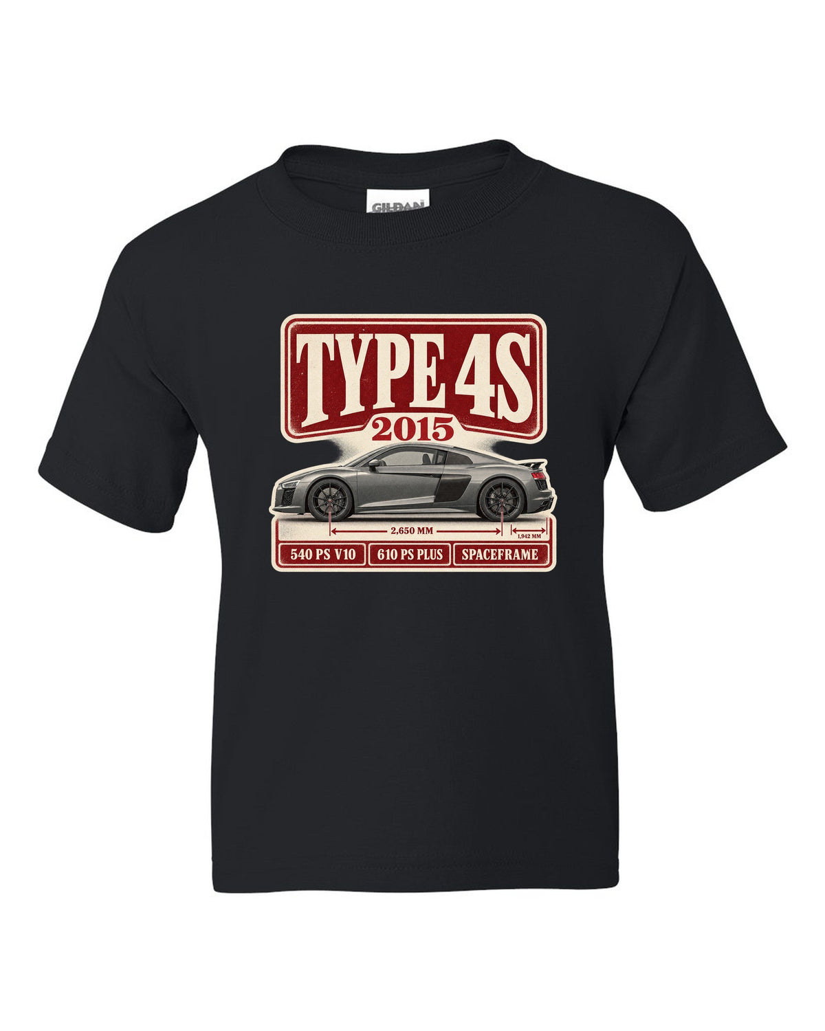 Audi R8 V10 Type 4S 2015 launch archive panel print design black kids tee front view with the design