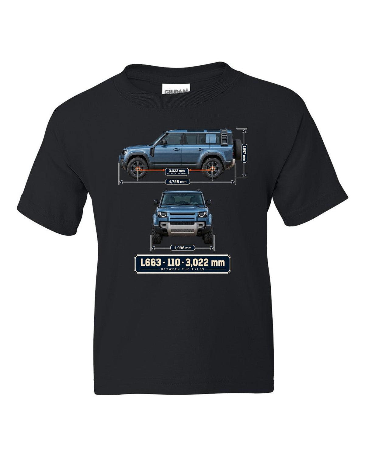 Dimension blueprint print of the Land Rover Defender 110 L663 with wheelbase black kids tee front view with the design