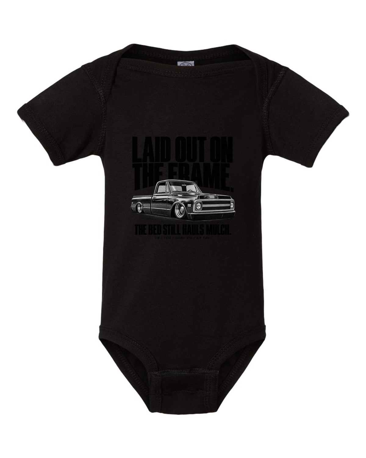Halftone print of a 1970 Chevrolet C10 short bed on air ride with laid out on the frame text black baby onesie front view with the design