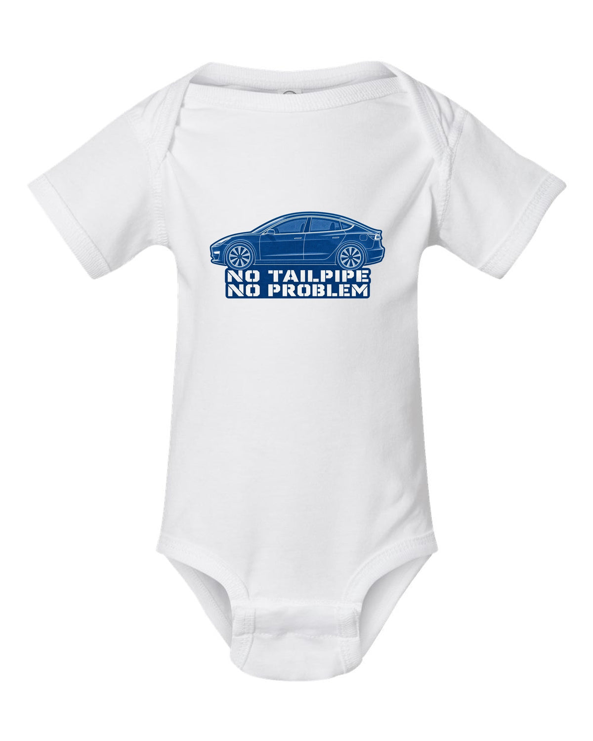 Cyanotype negative blueprint of a 2017-2023 Tesla Model 3 with the words No Tailpipe No Problem white baby onesie front view with the design