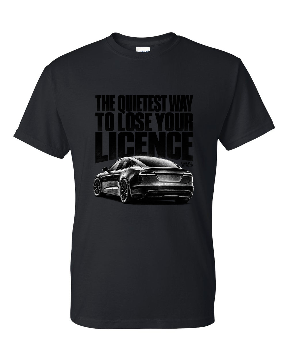 Halftone print of a Tesla Model S Plaid rear three-quarter view black t-shirt front view with the design